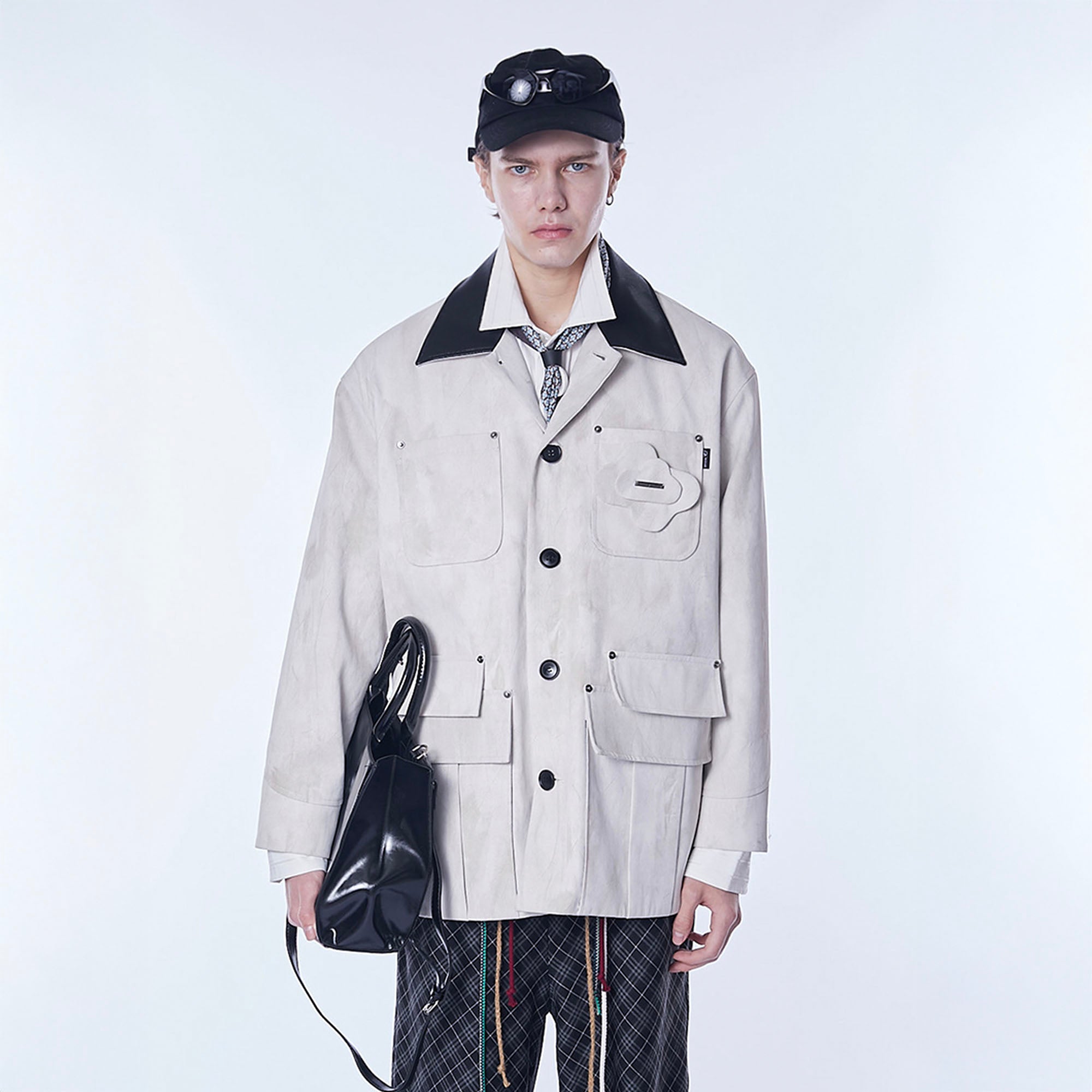 ASSEEN Distressed Panel Leather Collar Barn Jacket, premium urban and streetwear designers apparel on PROJECTISR.com, ASSEEN