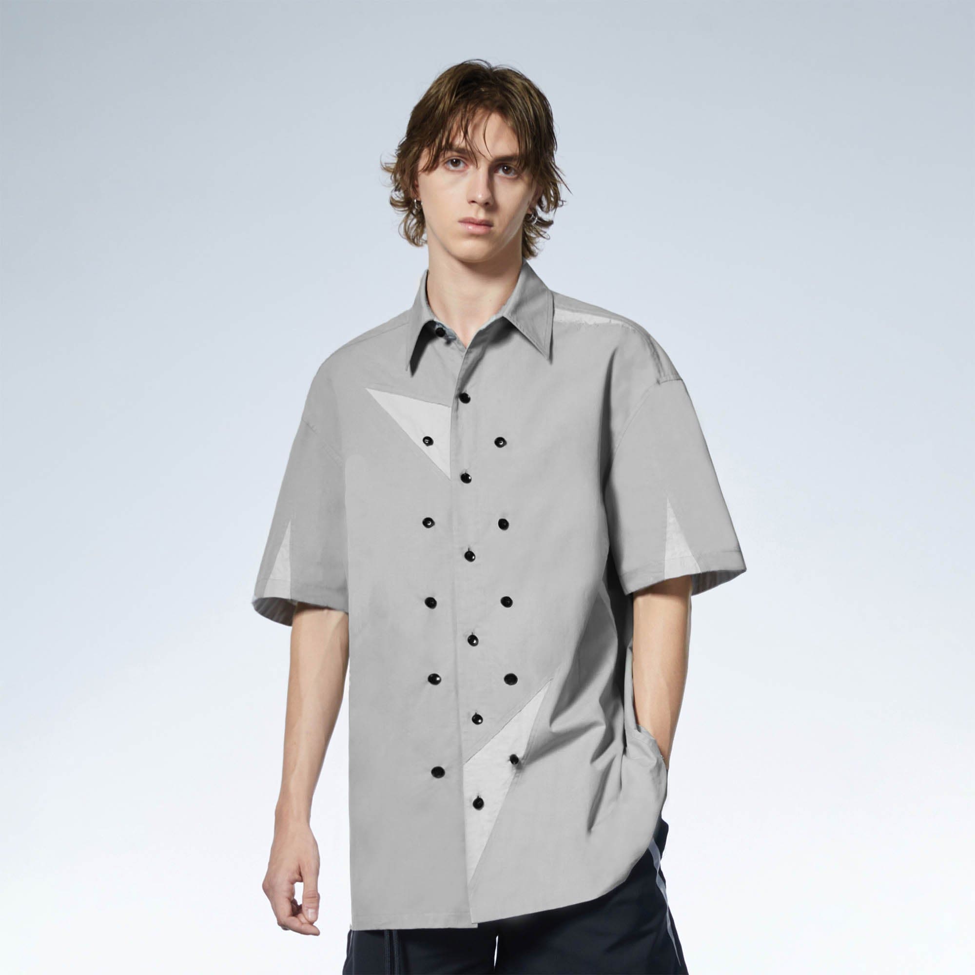 LOSTNFOUND Triangle Spliced Multi-Button Half-Sleeve Shirt