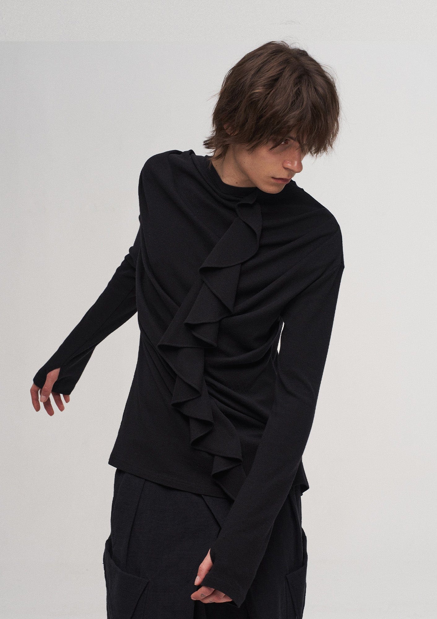 ILNya Nieternite Nifutur Ruffled Mock Neck Thumb Holes Wrinkled Base Layer, premium urban and streetwear designers apparel on PROJECTISR.com, ILNya Nieternite Nifutur