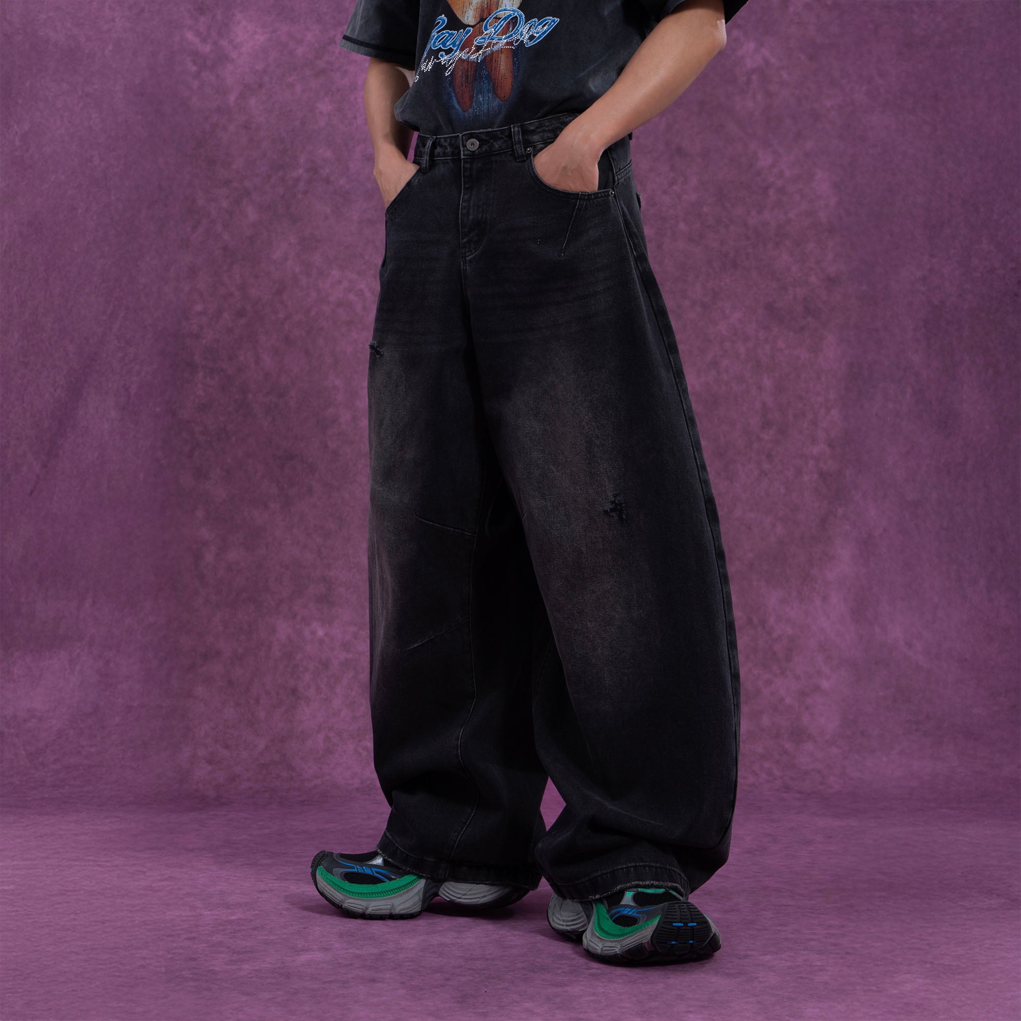 【U LAN】Lowkey Washing Quilting Balloon Denim Pants CLP Washed Balloon-Leg Jeans