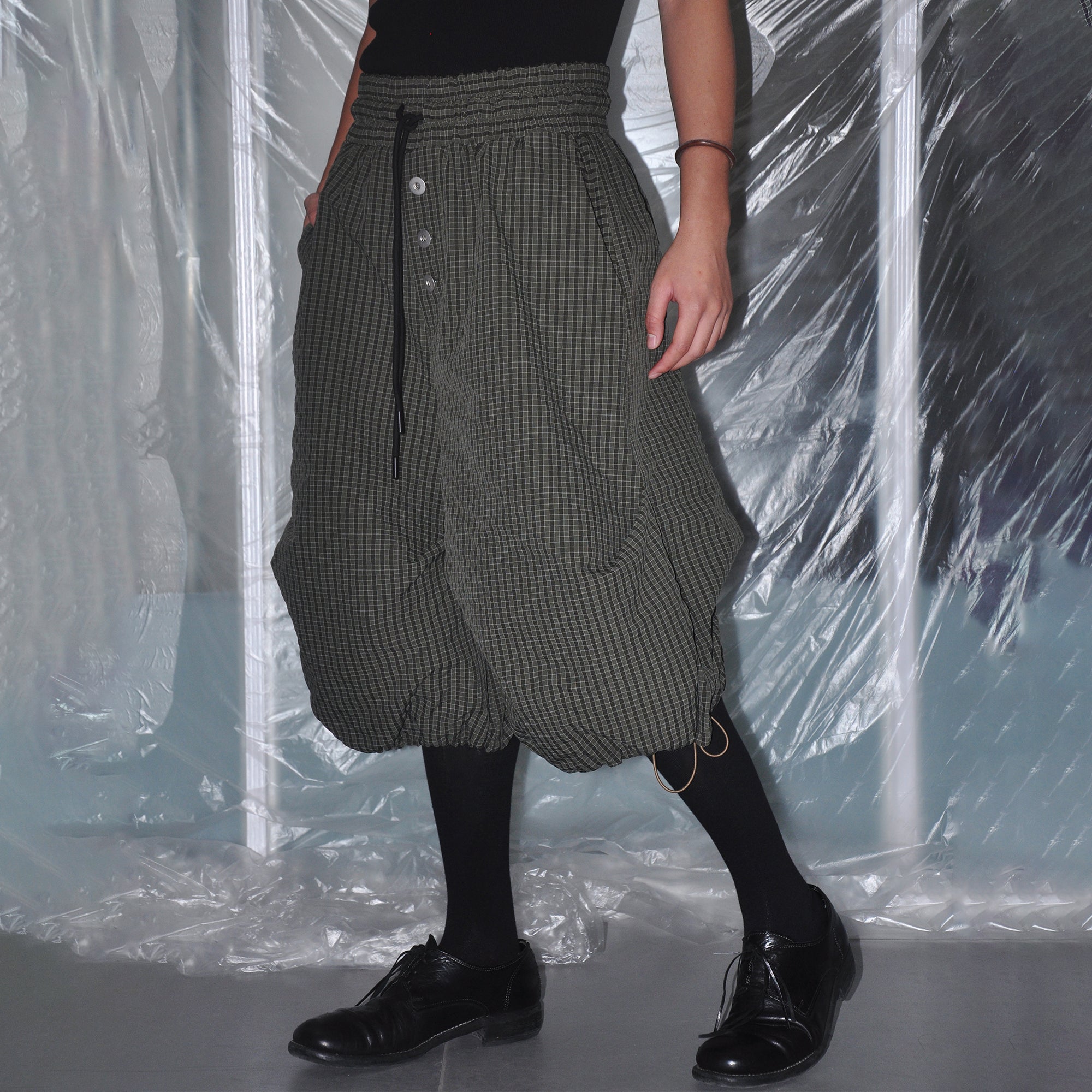 7440 37 1 Check Drawstring Wide-Leg Cropped Pants