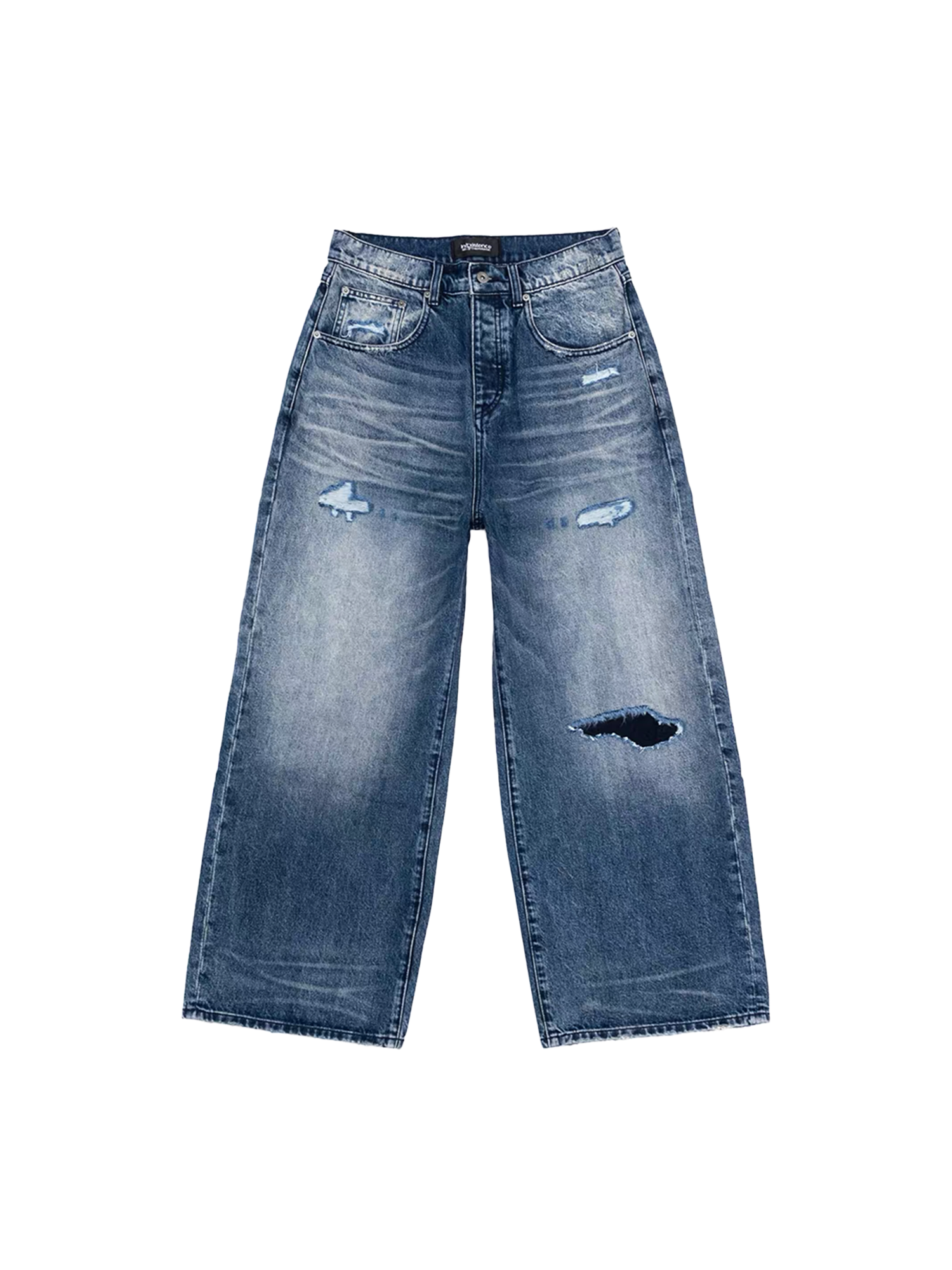 IN EXISTENCE x STM Washed Patched Distressed Straight Jeans, premium urban and streetwear designers apparel on PROJECTISR.com, IN EXISTENCE