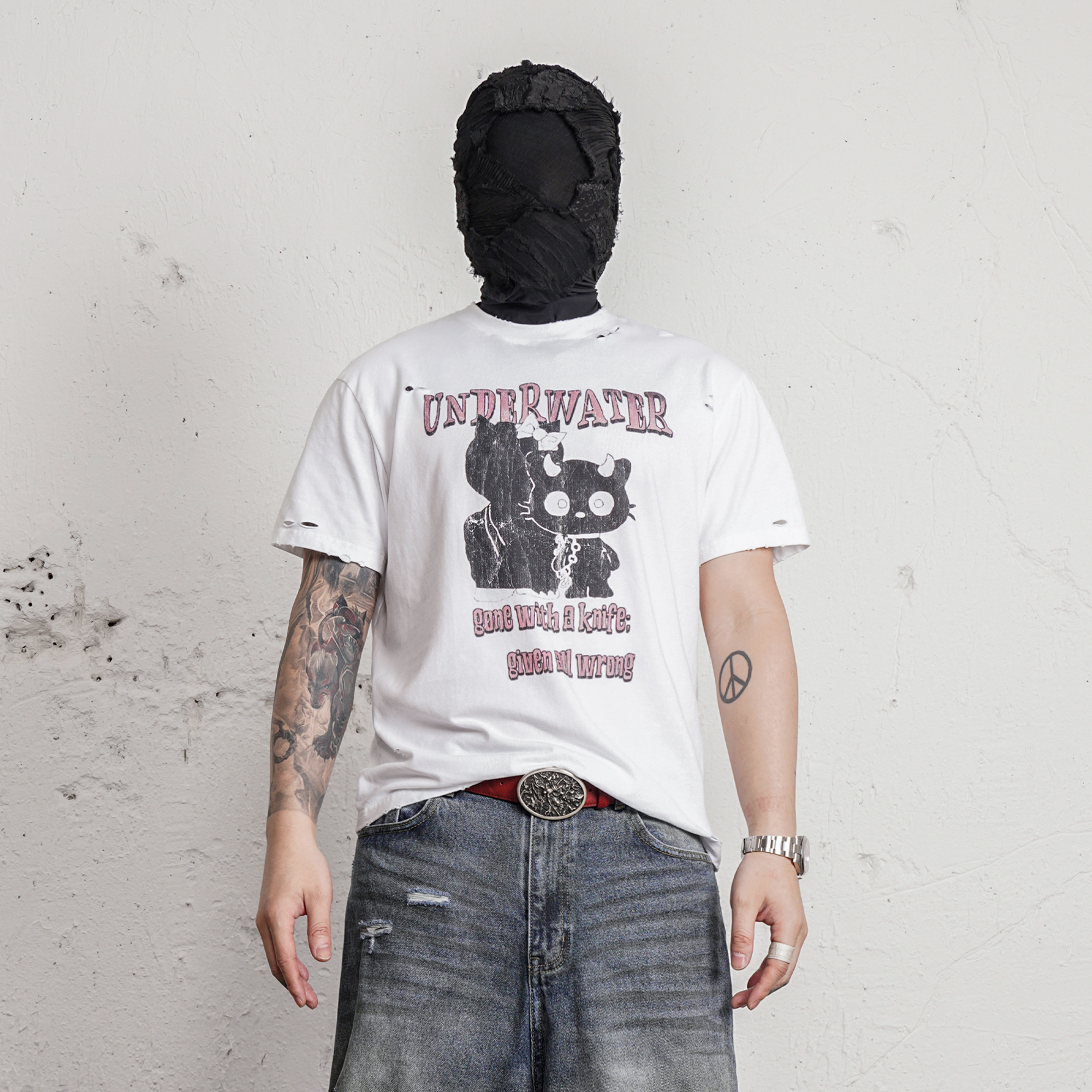 UNDERWATER Distressed Black Cat Graphic T-Shirt, premium urban and streetwear designers apparel on PROJECTISR.com, UNDERWATER