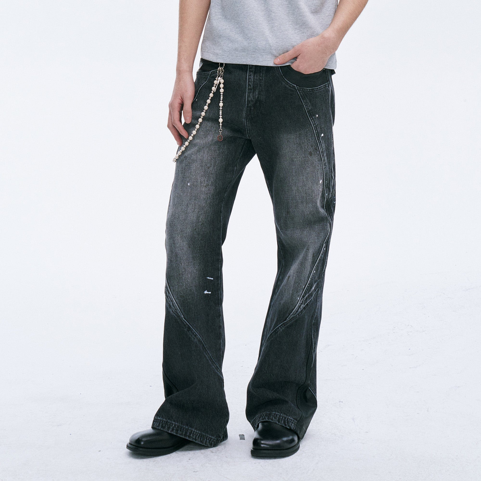 CATSSTAC Washed Panel Paint-Stain Wide-Leg Jeans, premium urban and streetwear designers apparel on PROJECTISR.com, CATSSTAC