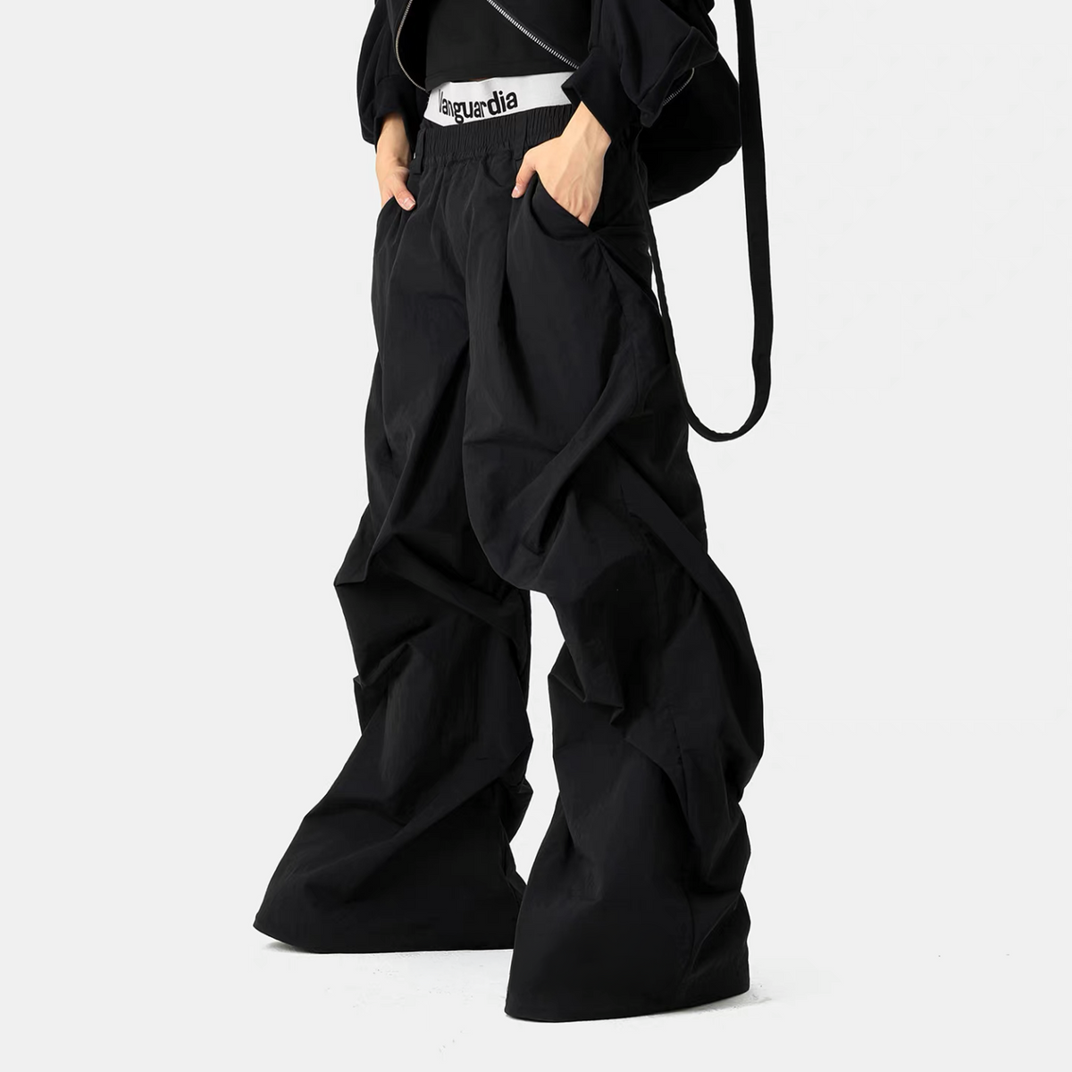 VANGUARDIA Crinkled Wide-Leg Nylon Flared Cargo Pants