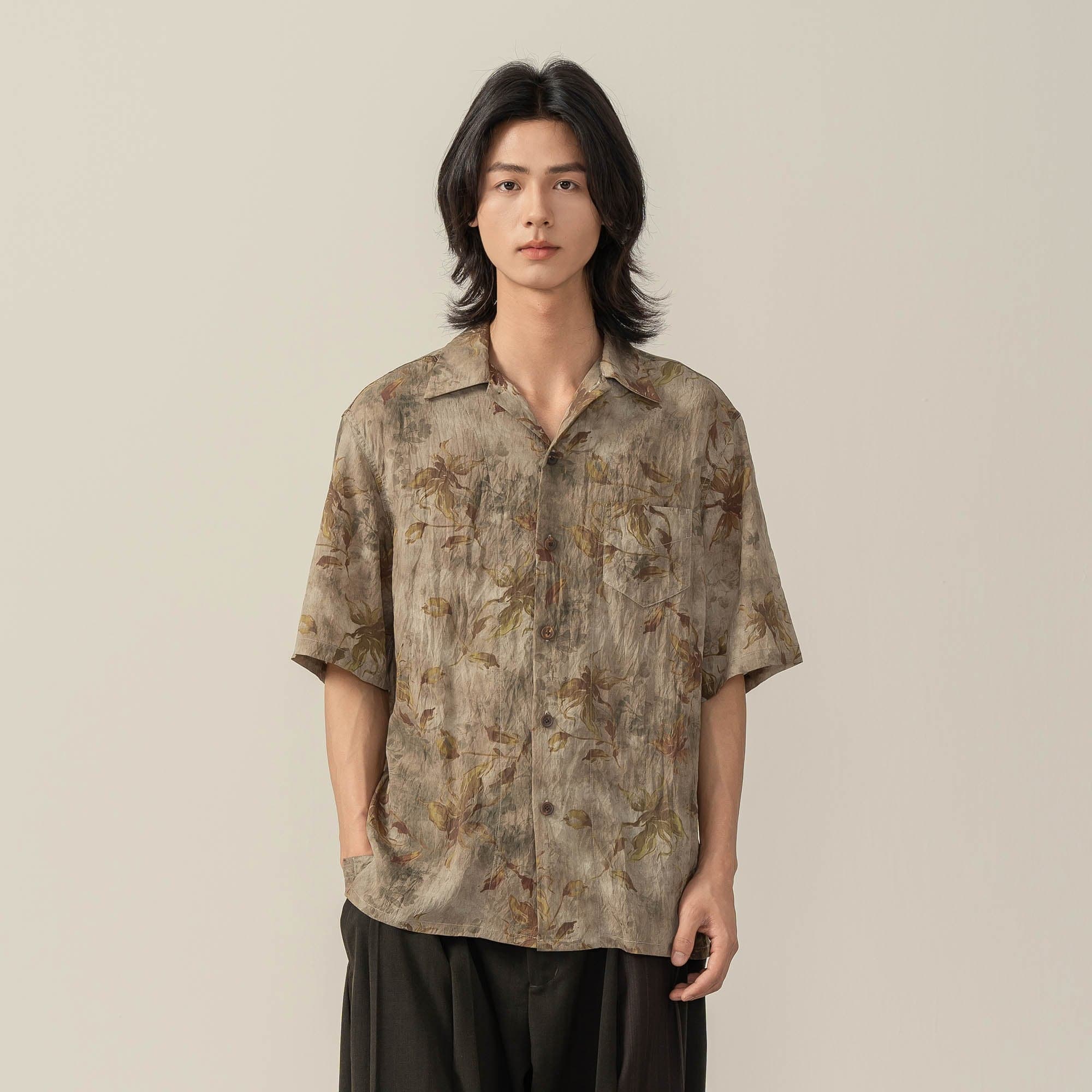 MOITIEDEPETALE Retro Wrinkled Watercolor Floral Half Shirt