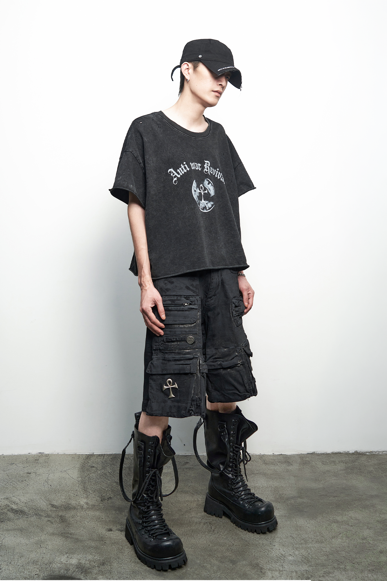 ANTI WAR REVIVAL Wax-Coated Multi-Pocket Denim Shorts
