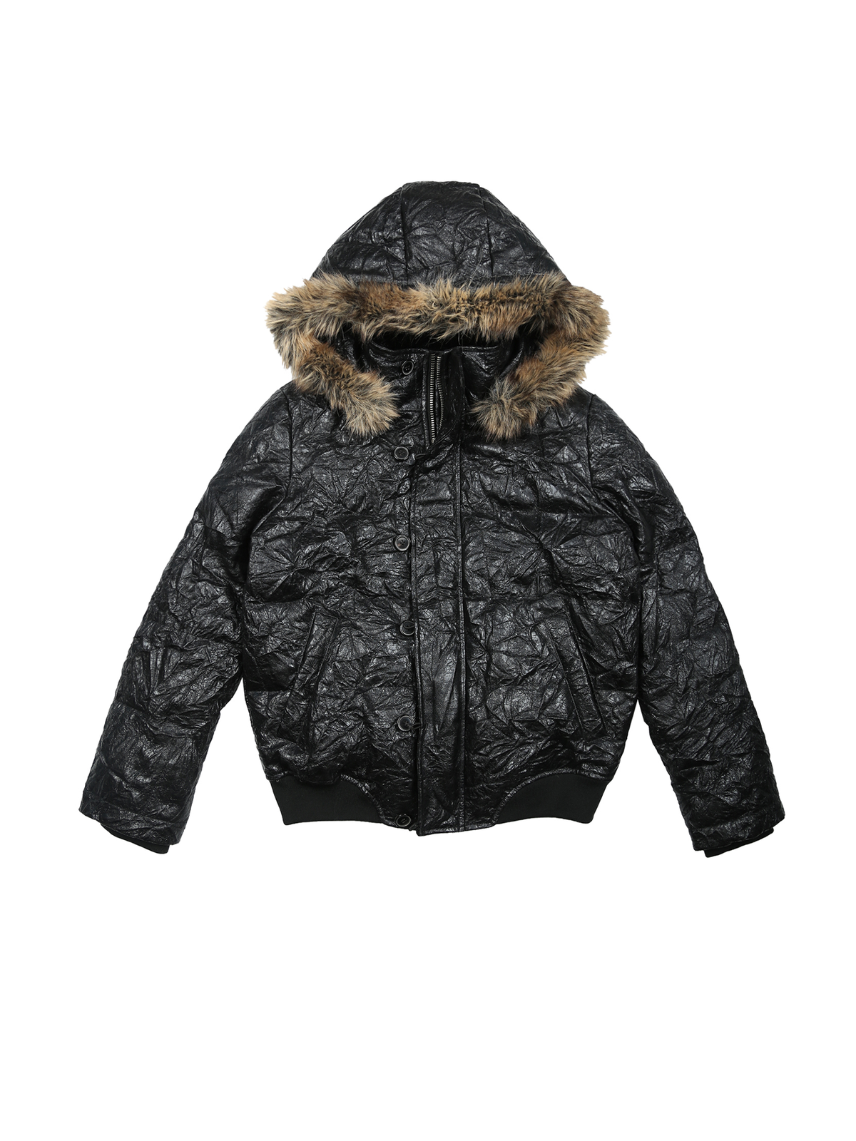TRECLUB Crinkled Faux Leather Fur-Collar Hooded Jacket, premium urban and streetwear designers apparel on PROJECTISR.com, TRECLUB
