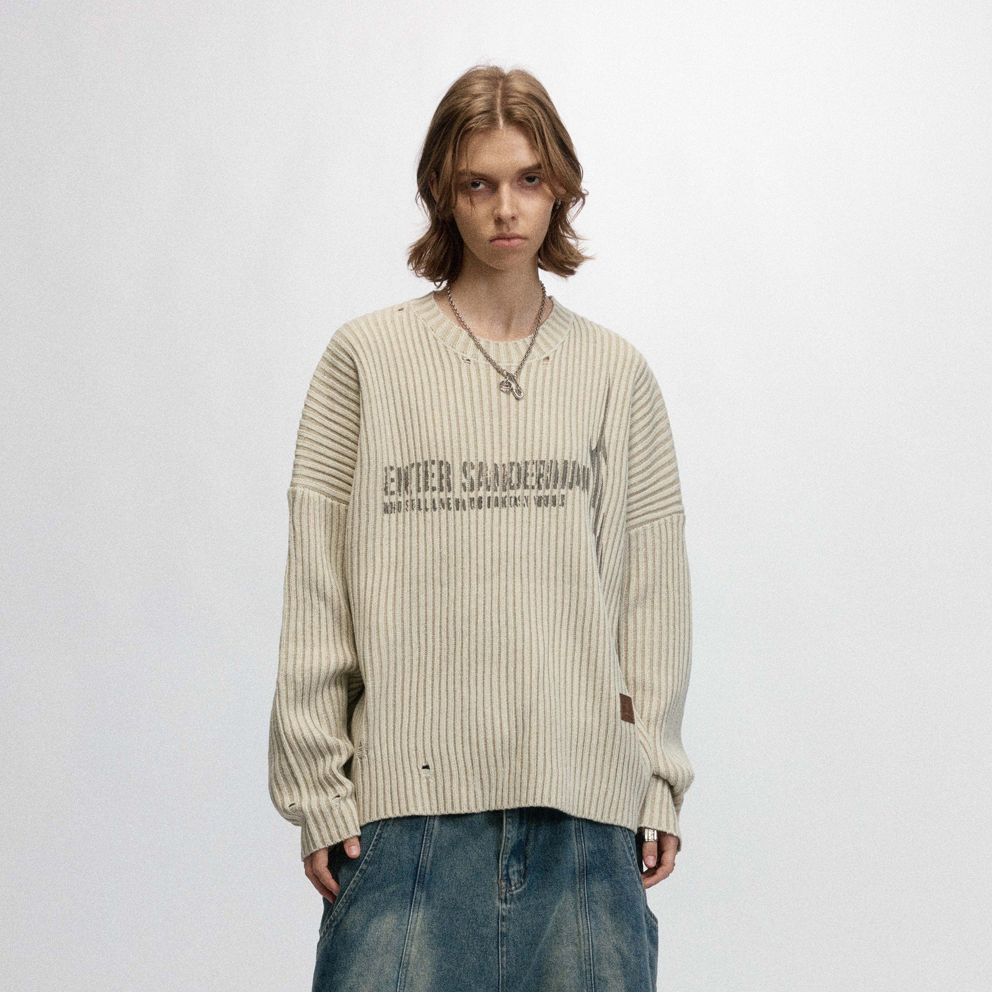 OVDY Faded Ripped Slogan Raw Edge Sweater