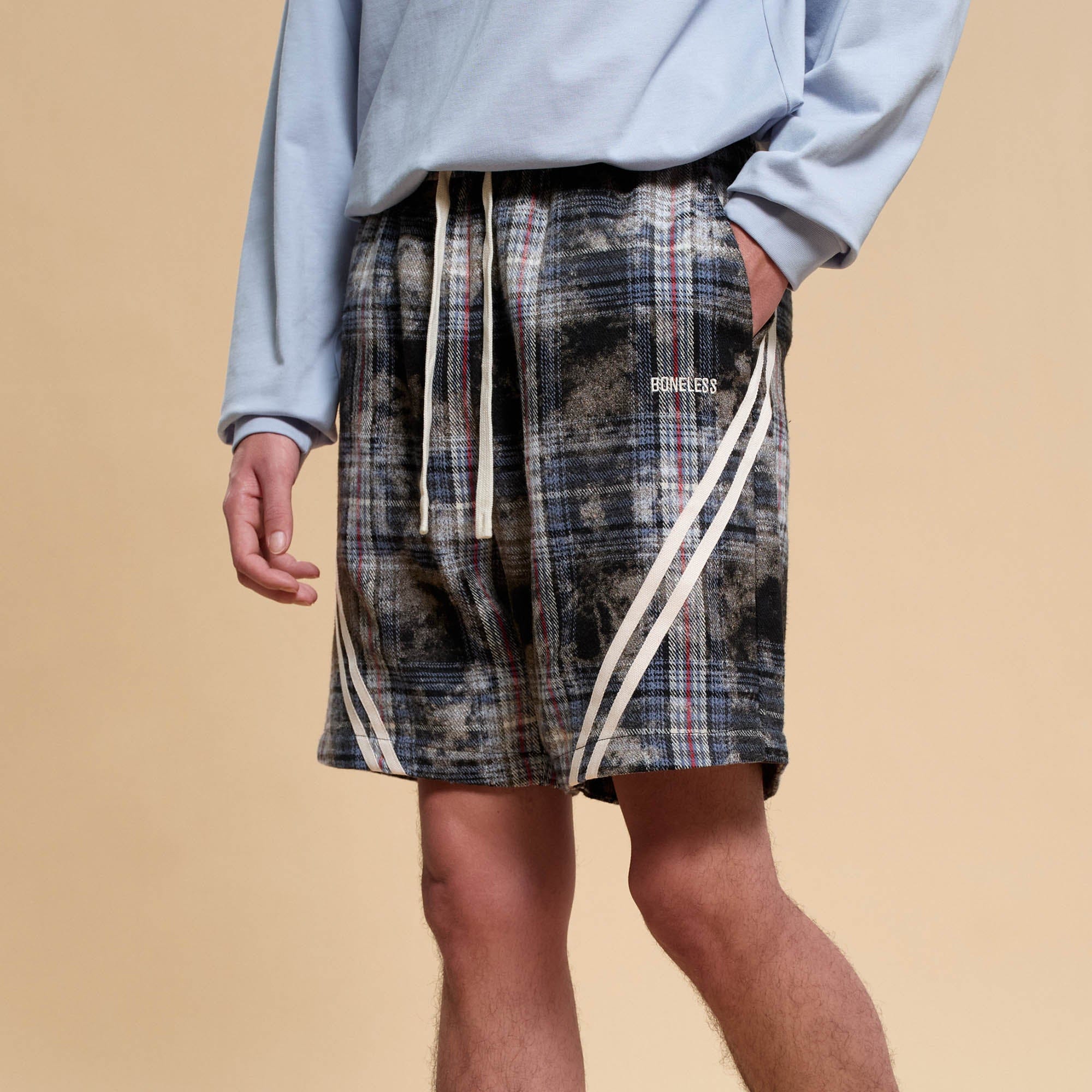 BONELESS Plaid Distressed Drawstring Shorts, premium urban and streetwear designers apparel on PROJECTISR.com, BONELESS