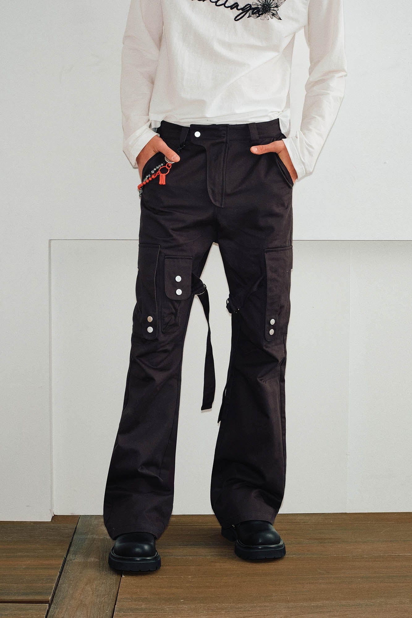 KREATE Multi-Pocket Strap Flared Pants