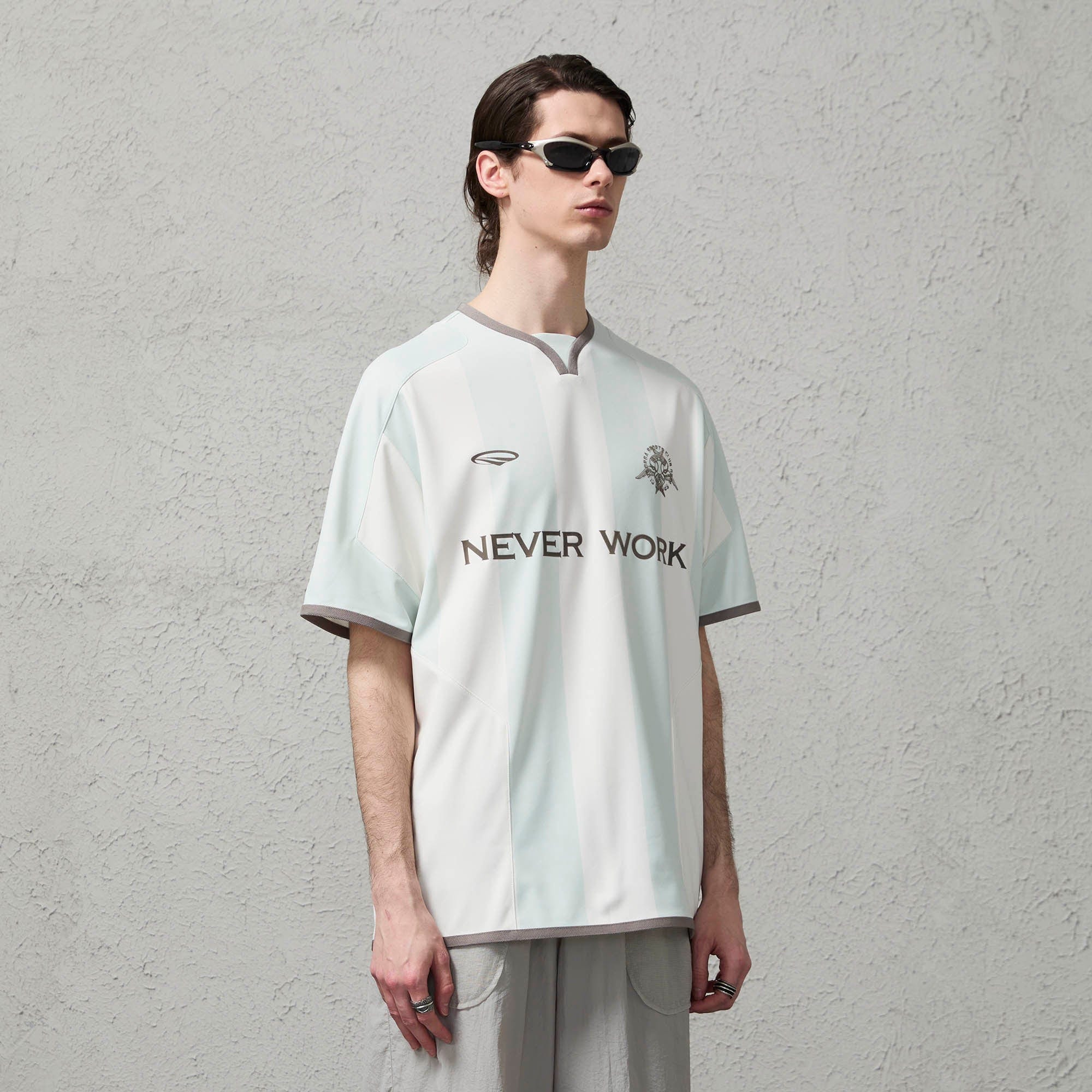 ORGANIC EMOTION Never Work Slogan Stripes Spliced Jersey