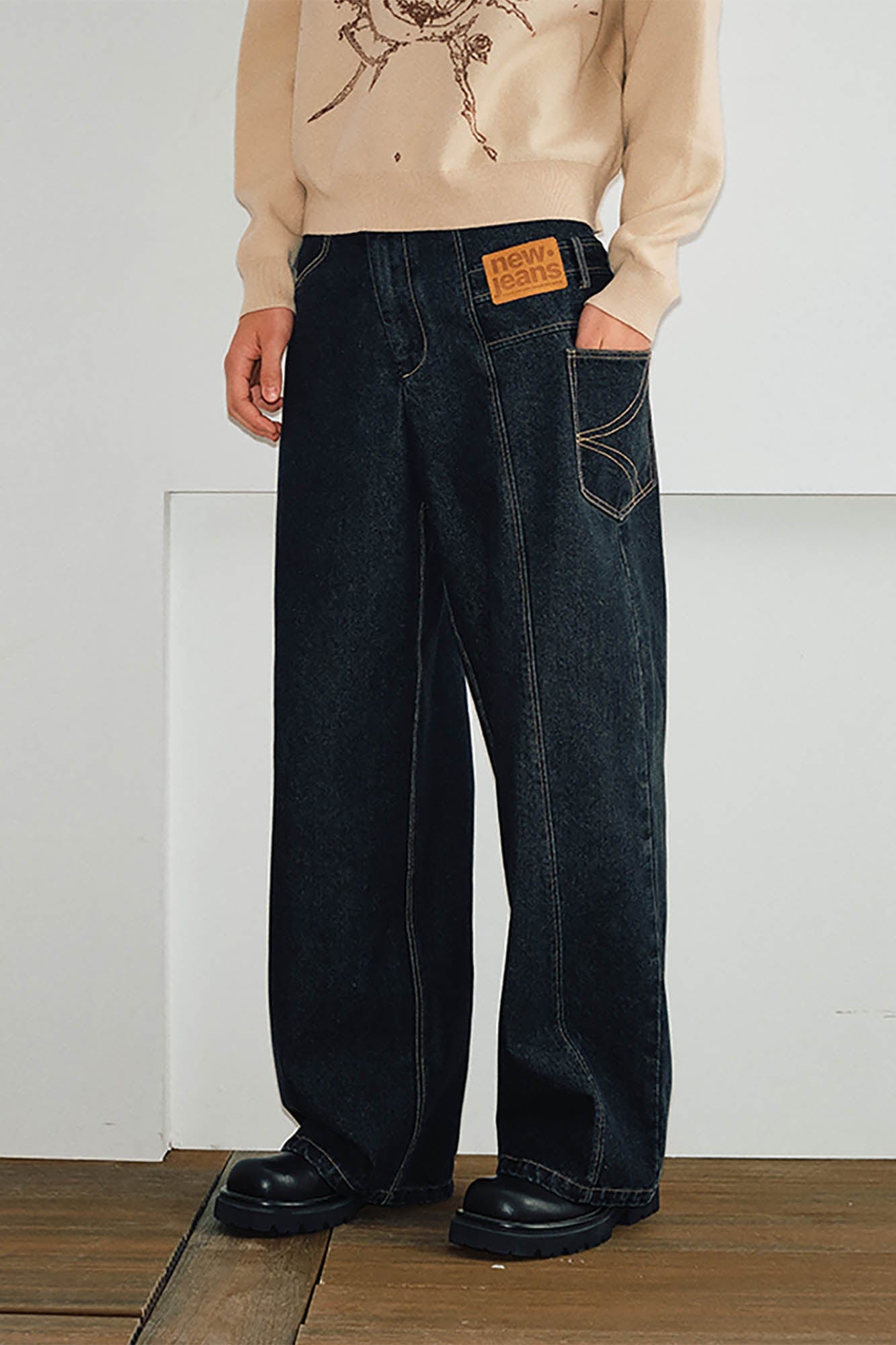 KREATE Misaligned Deconstructed Straight-Leg Jeans