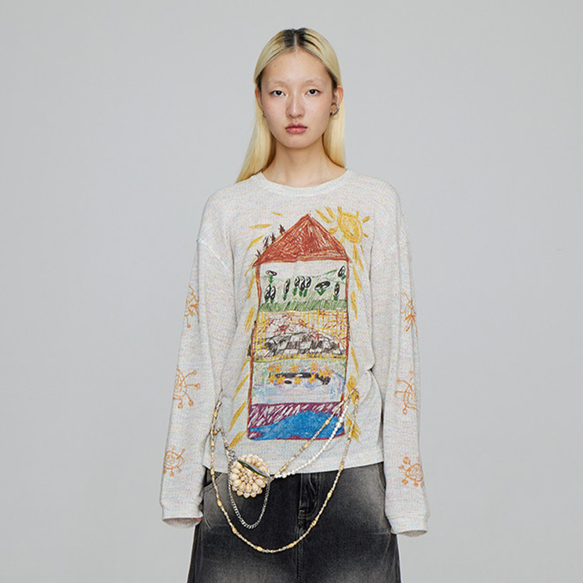 CONPCONP Doodle House Graphic Oversized Long-Sleeve Tee