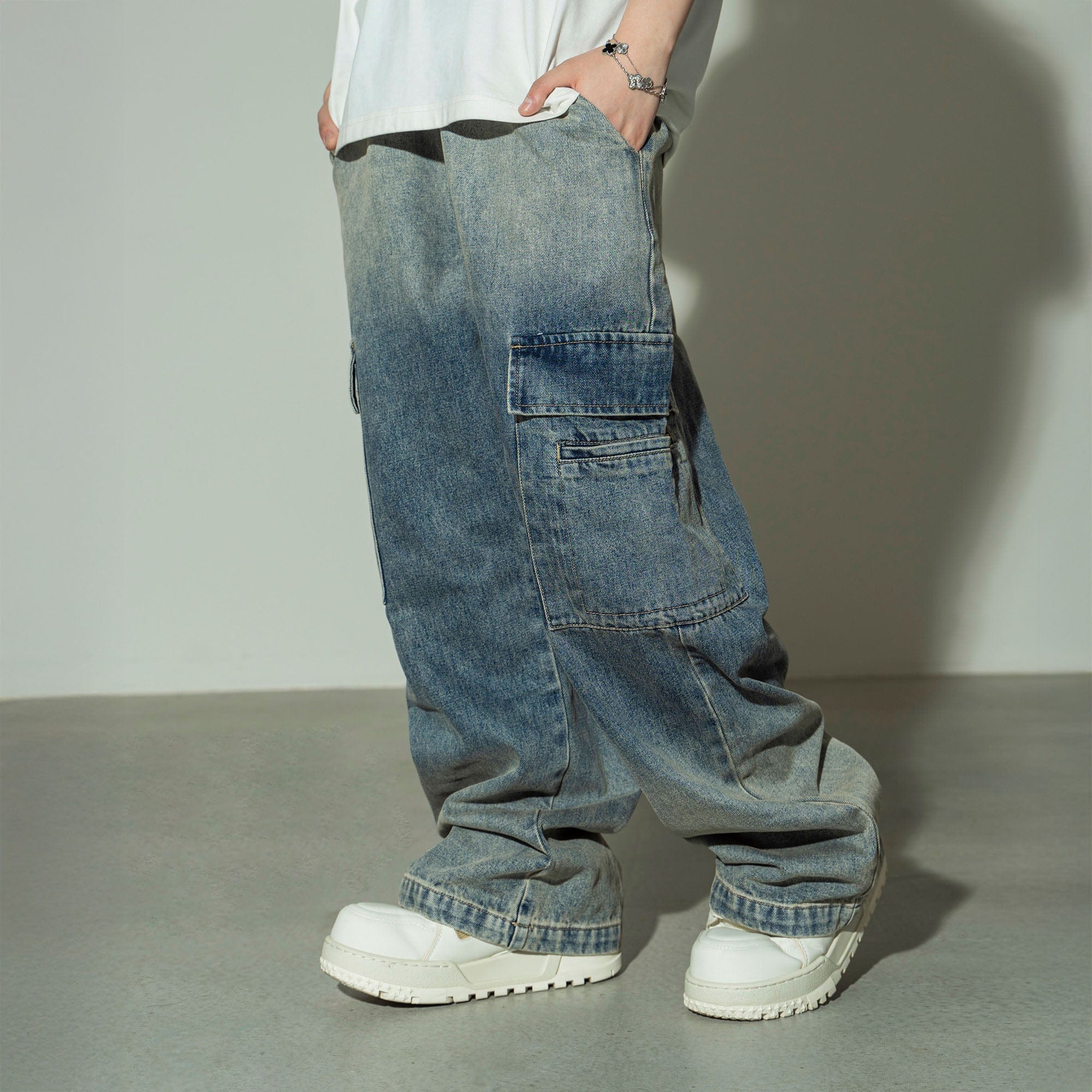 MAKEMORE Gradient Washed Wide-Leg Cargo Jeans, premium urban and streetwear designers apparel on PROJECTISR.com, MAKEMORE