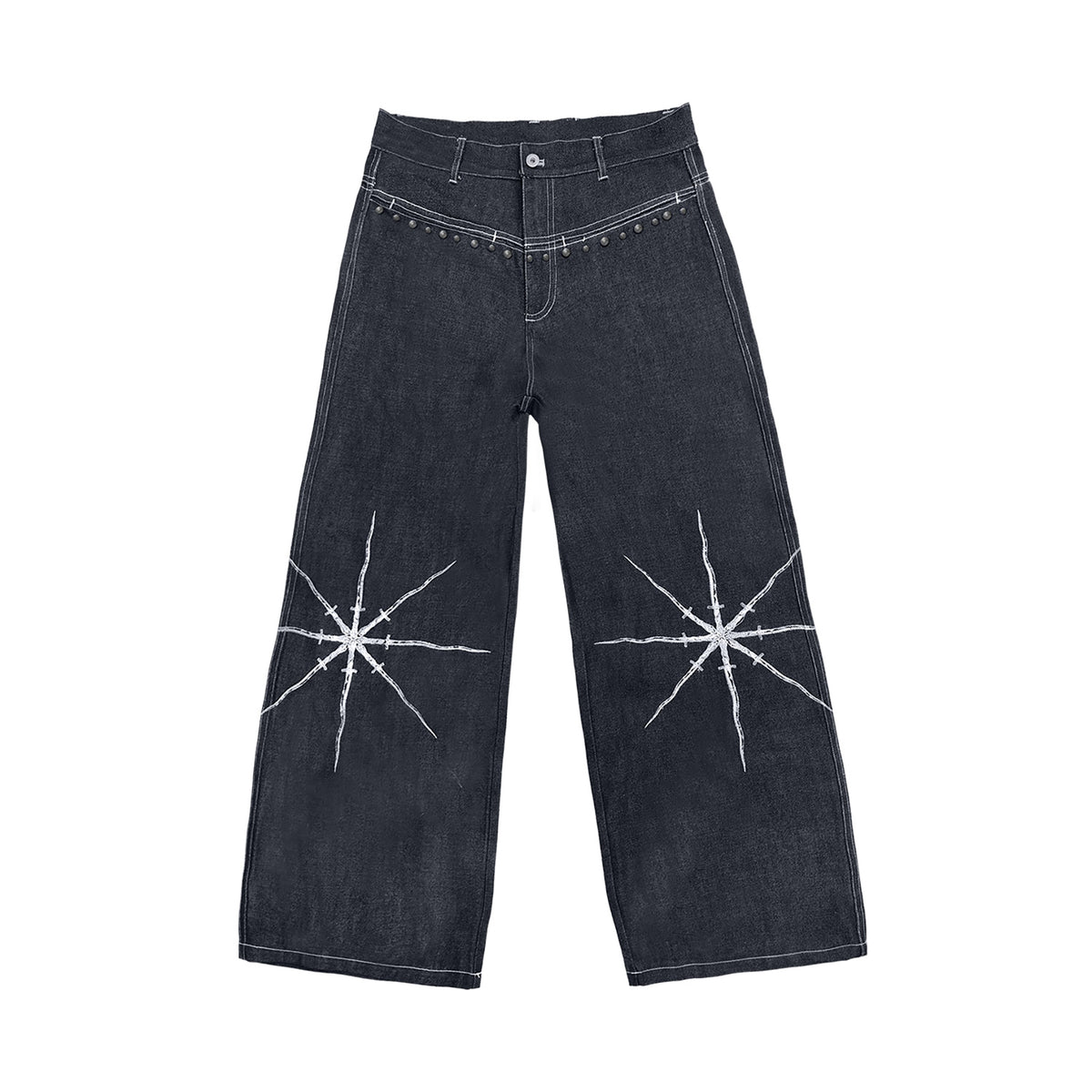 WANNA LAB Embroidered Rivet Distressed Baggy Jeans