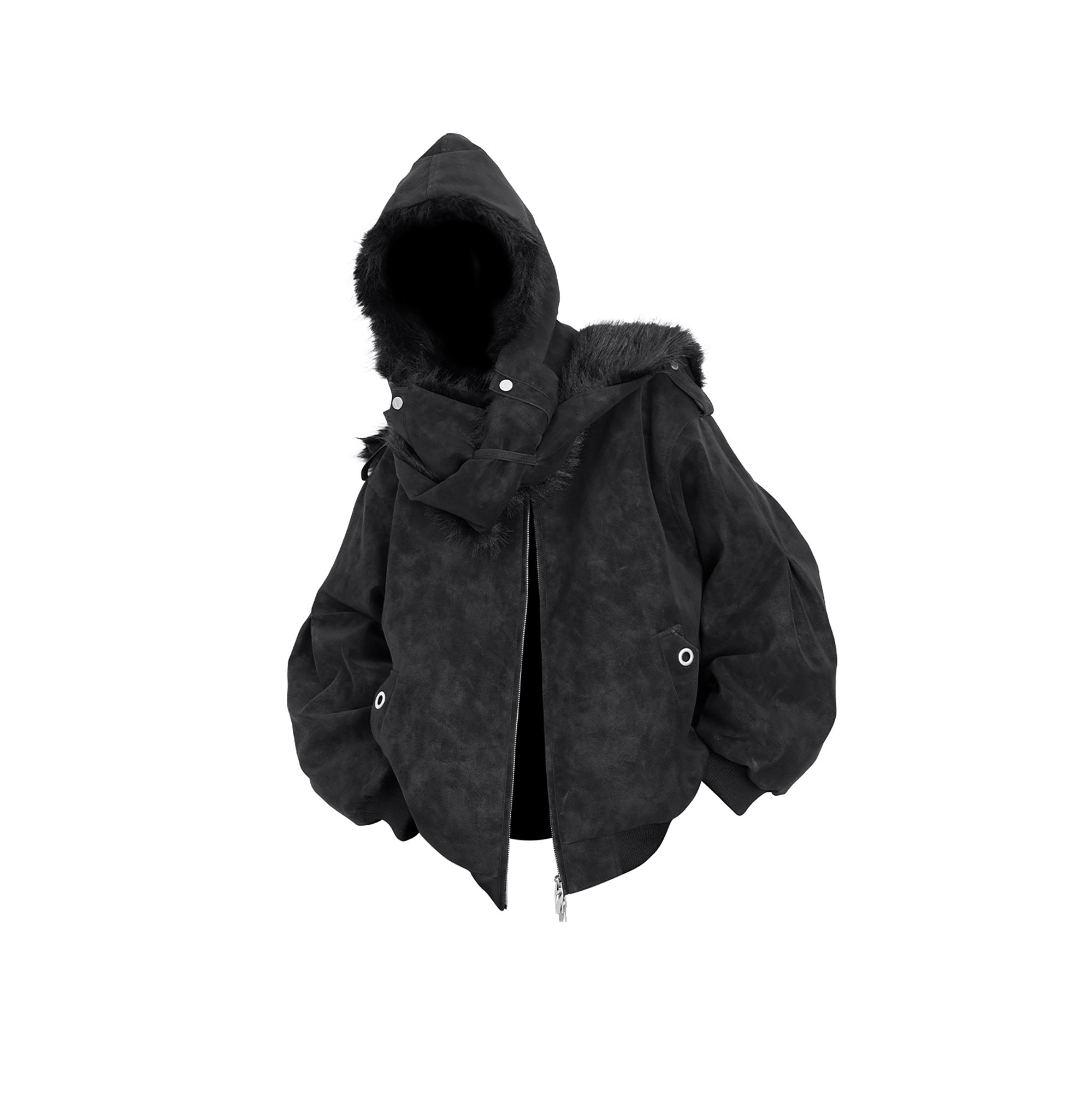 RELABEL Detachable Plush Scarf Hooded Suede Jacket Black, premium urban and streetwear designers apparel on PROJECTISR.com, RELABEL