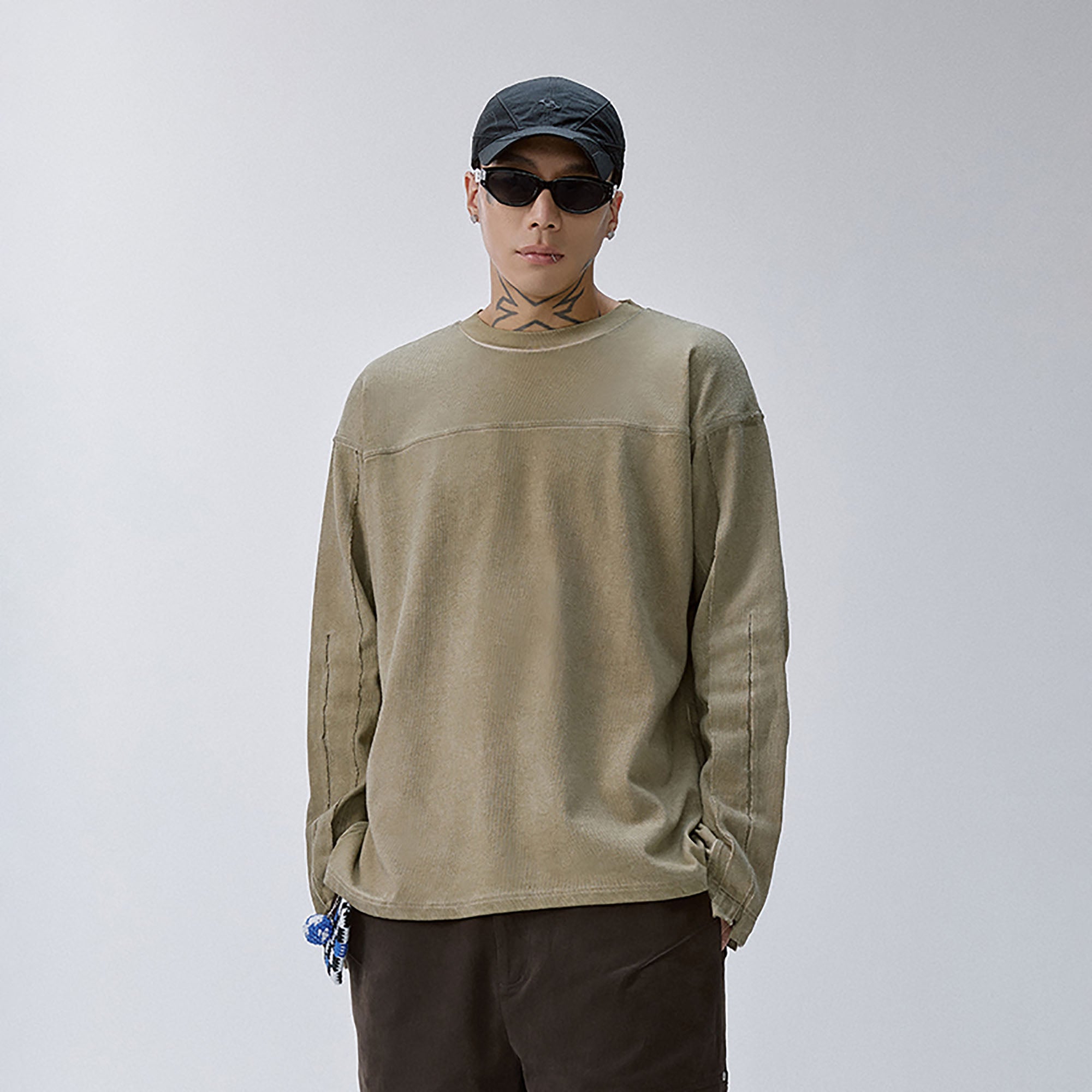 F2CE Distressed Panel-Stitched Long-Sleeve Tee