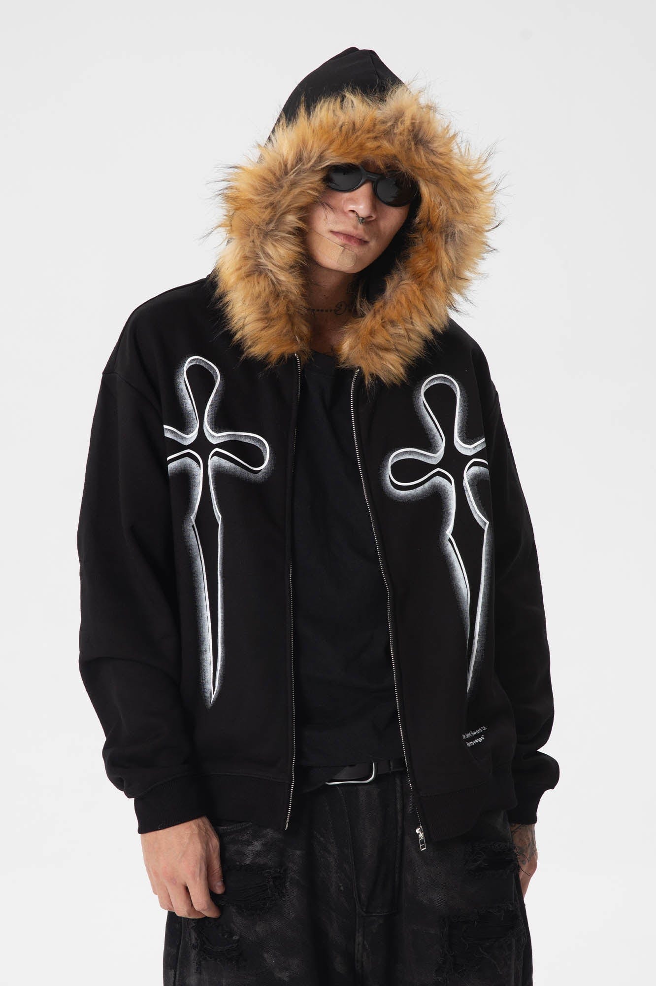 RTVG Cross Sword Fur-Collared Fleece Zip-Up Hoodie