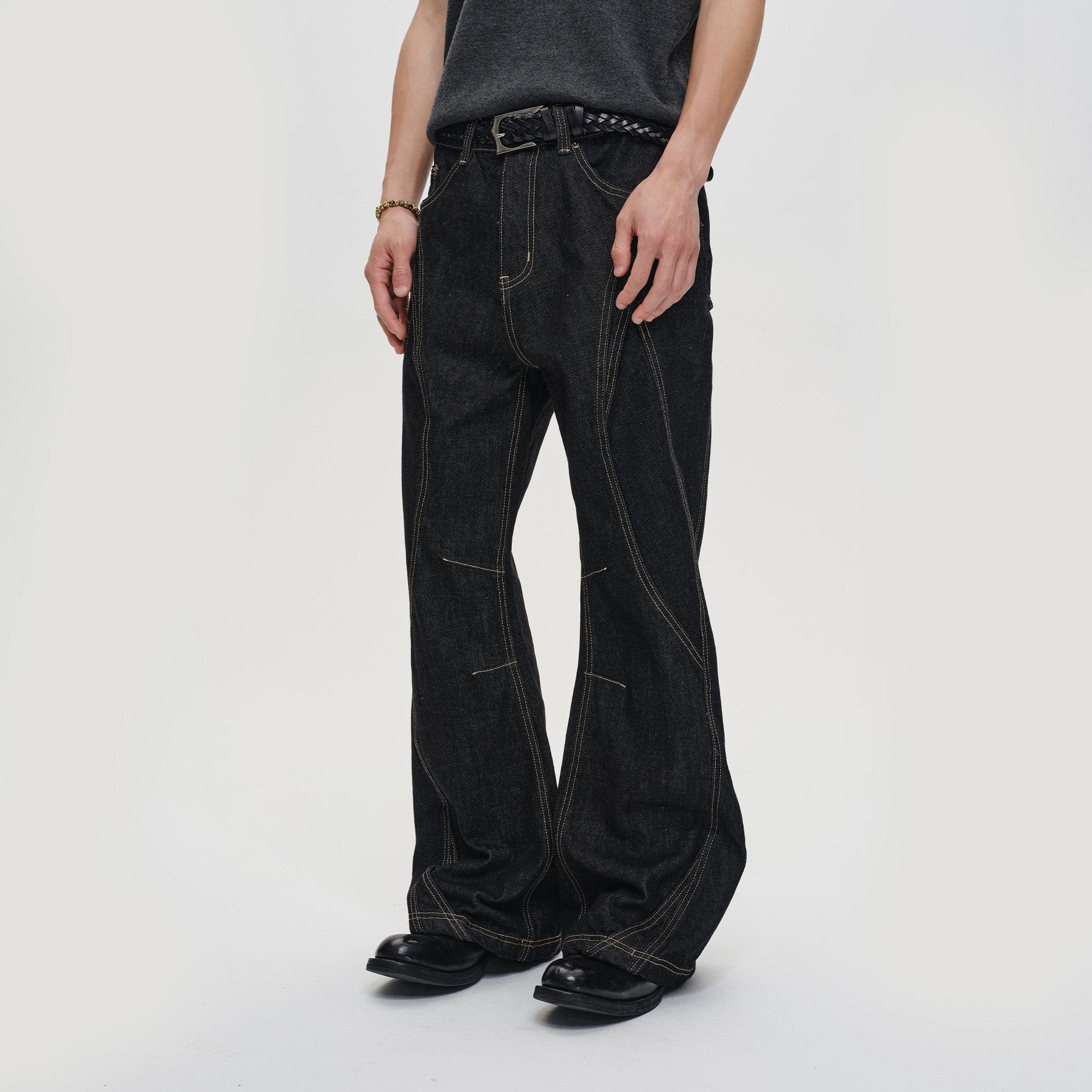 CATSSTAC Curved Panel Stitch Straight-Leg Raw Jeans, premium urban and streetwear designers apparel on PROJECTISR.com, CATSSTAC