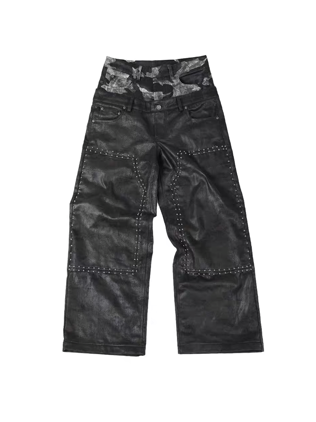 SEXXDEVIL Camo Washed Spliced Studded Jeans