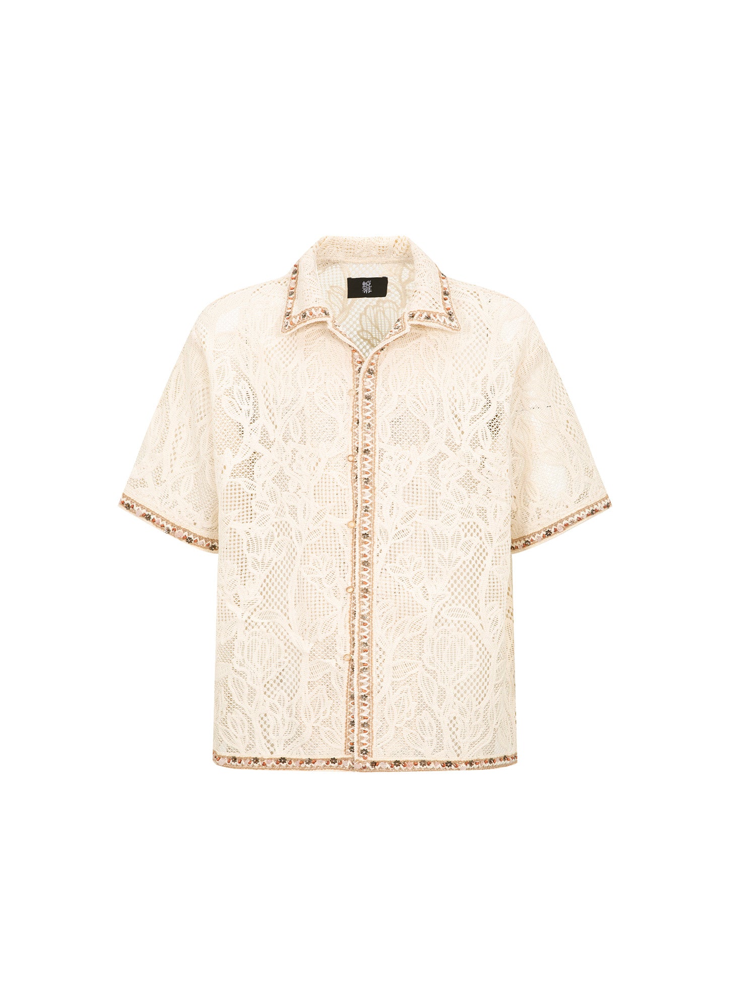 TUIMU Beaded Trim Open-Knit Jacquard Half Shirt, premium urban and streetwear designers apparel on PROJECTISR.com, TUIMU