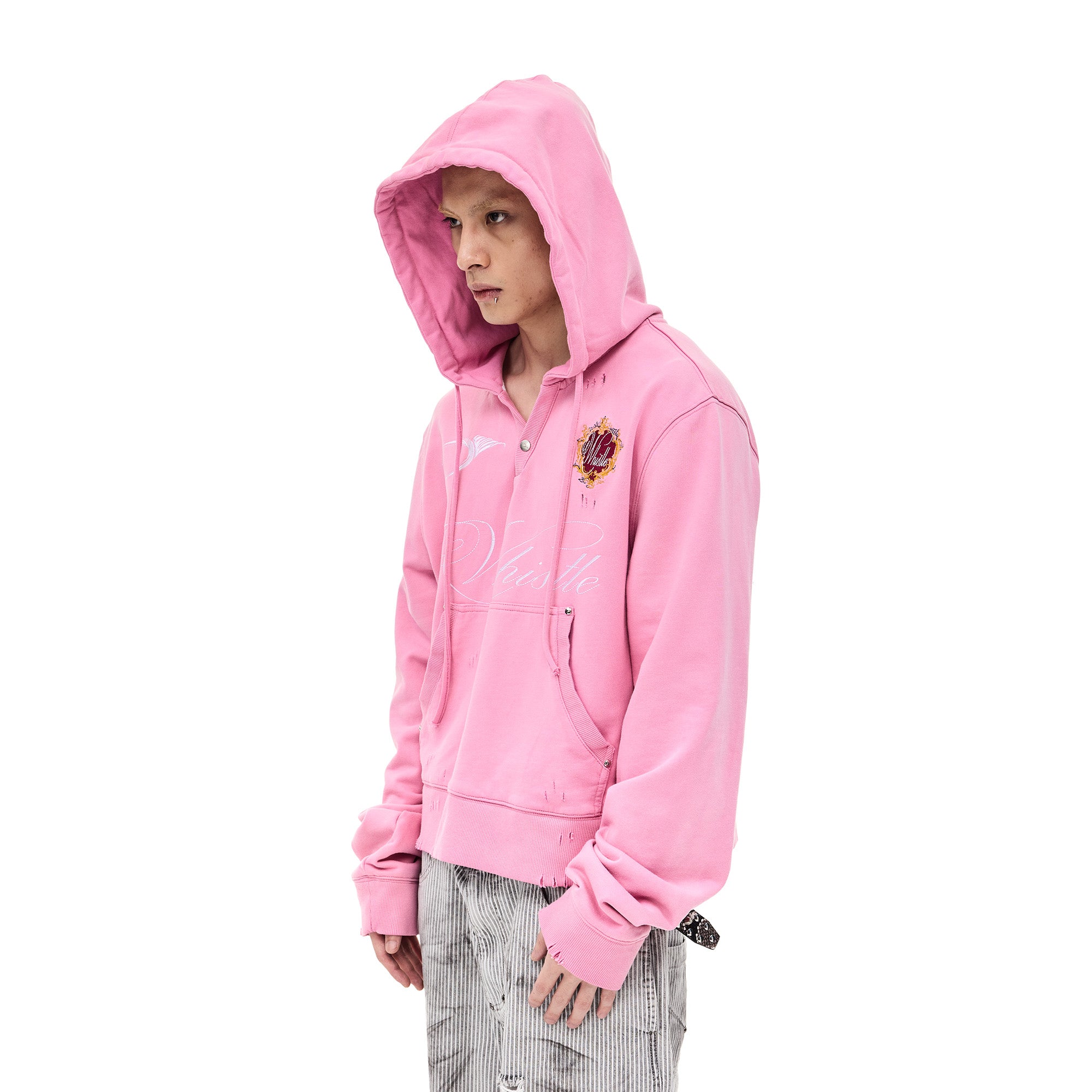WHISTLEHUNTER Distressed Embroidered V-Neck Hoodie, premium urban and streetwear designers apparel on PROJECTISR.com, WHISTLEHUNTER