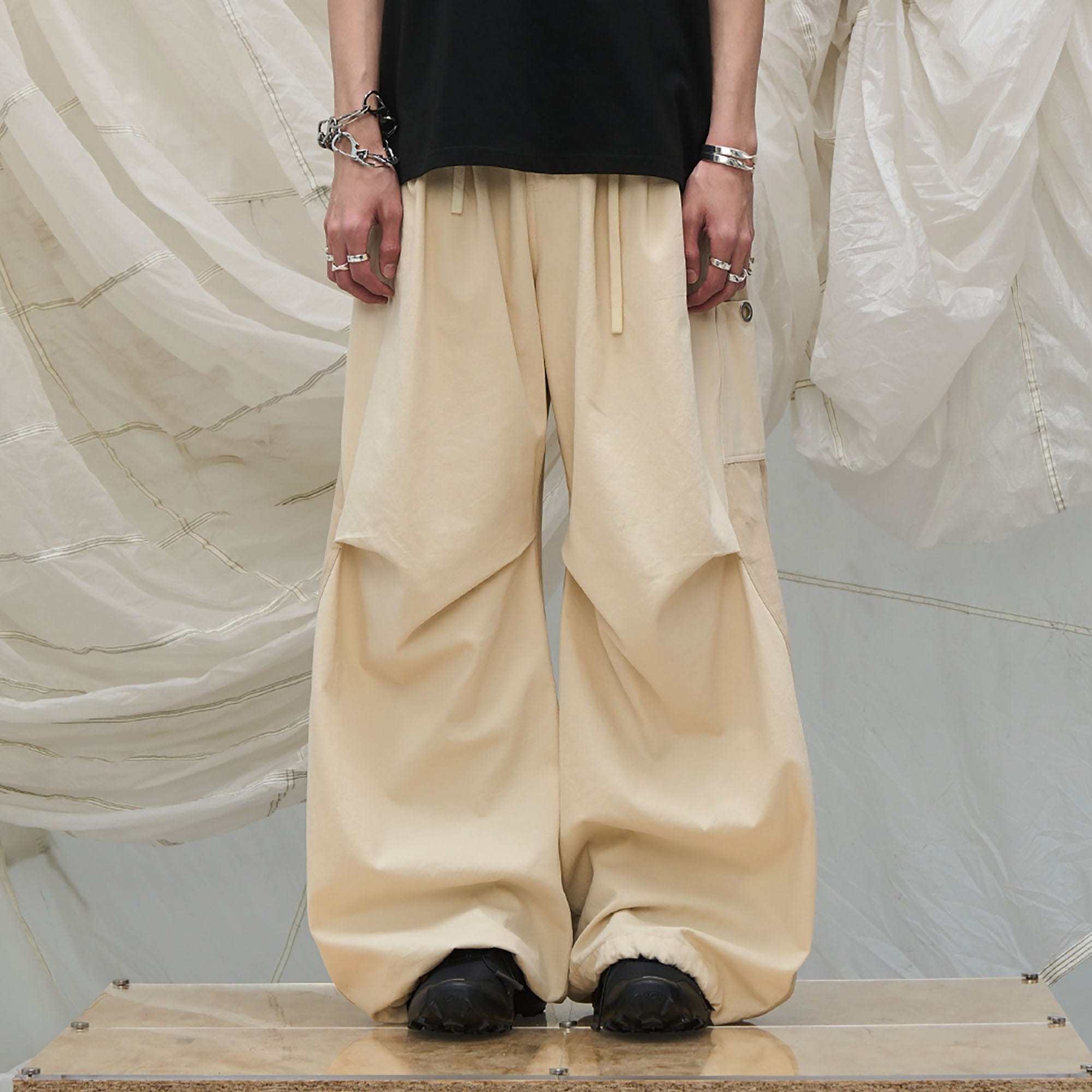 RELABEL Spliced Crinkled Oversized Cargo Pants, premium urban and streetwear designers apparel on PROJECTISR.com, RELABEL