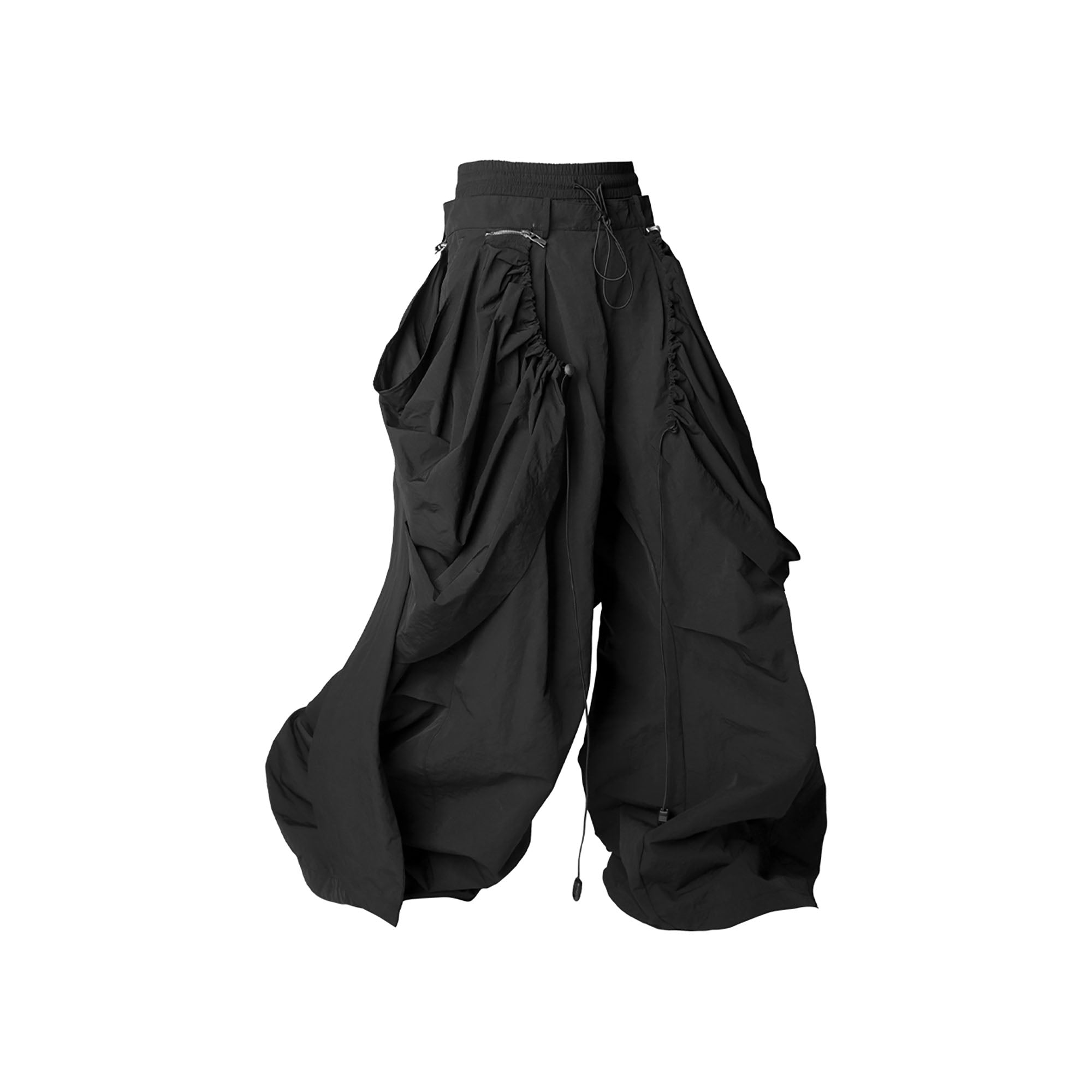 RELABEL Drawstring Layered Double-Waistband Parachute Pants Black, premium urban and streetwear designers apparel on PROJECTISR.com, RELABEL