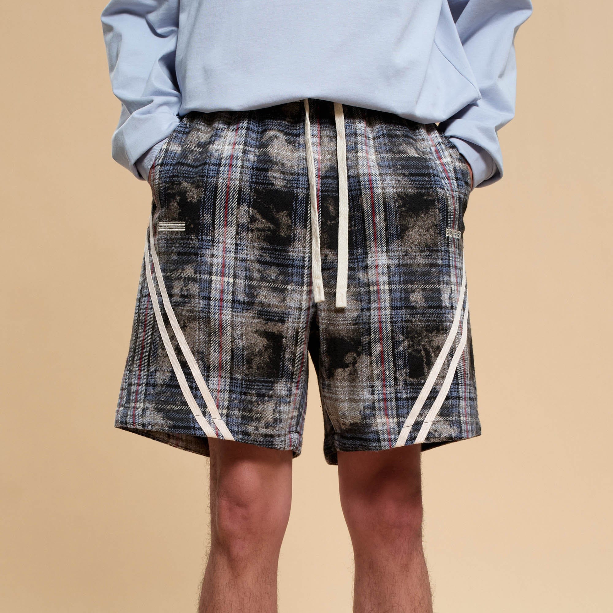 BONELESS Plaid Distressed Drawstring Shorts, premium urban and streetwear designers apparel on PROJECTISR.com, BONELESS