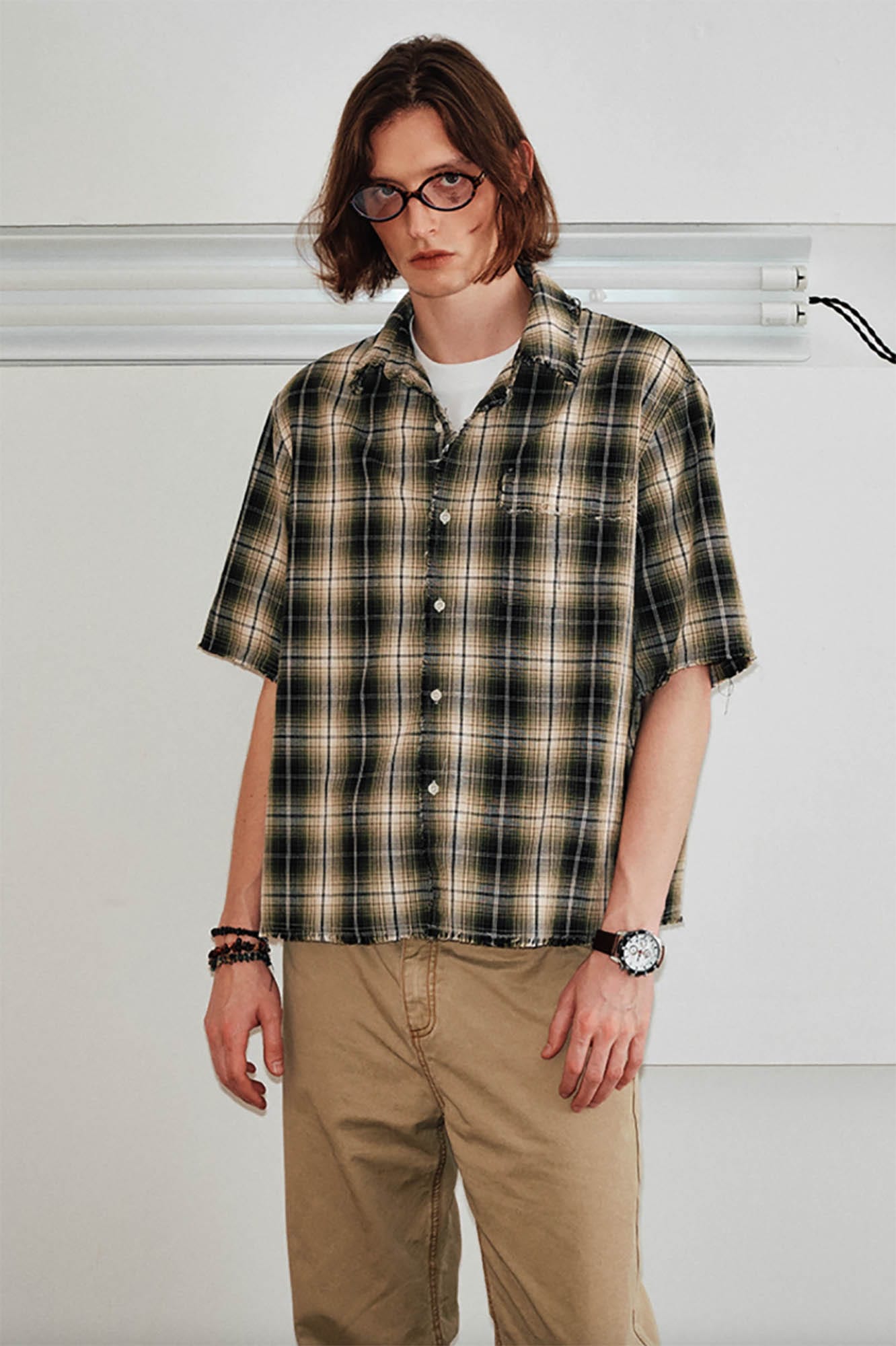 KREATE Frayed Tie-Dye Plaid Half Shirt