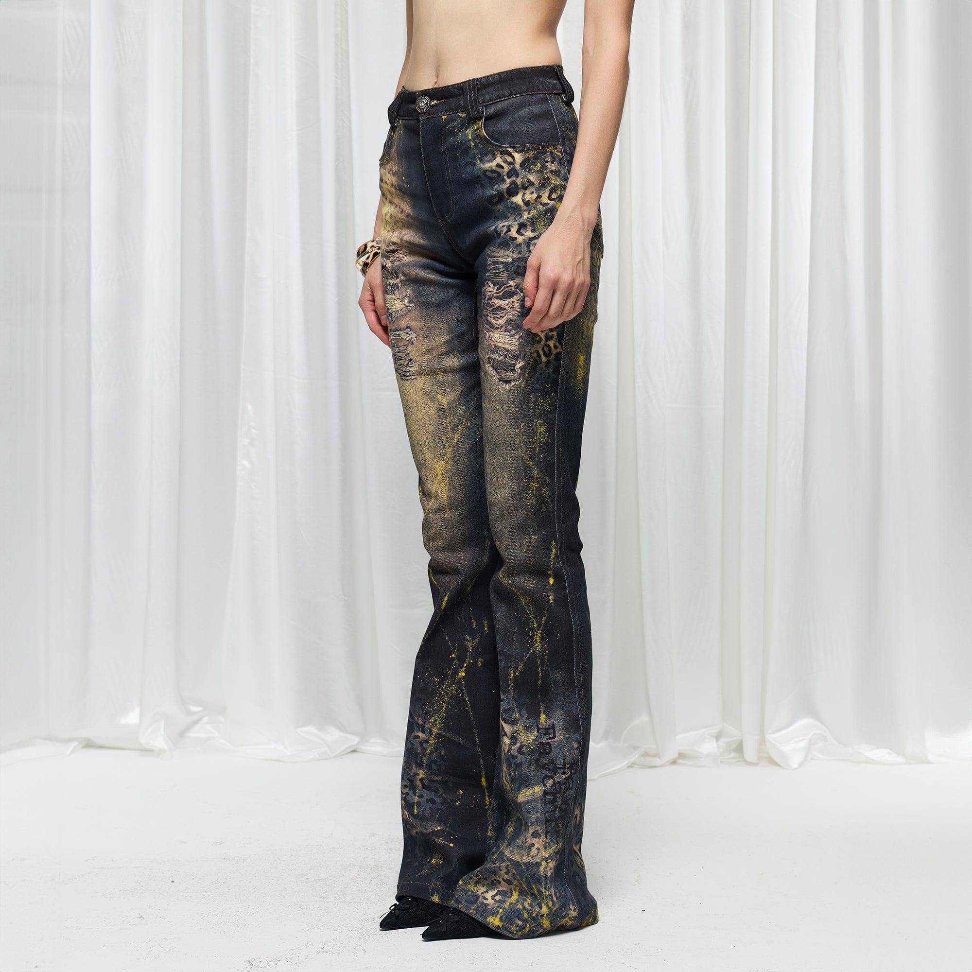DND4DES×Faychui Distressed Leopard Splattered Flared Jeans