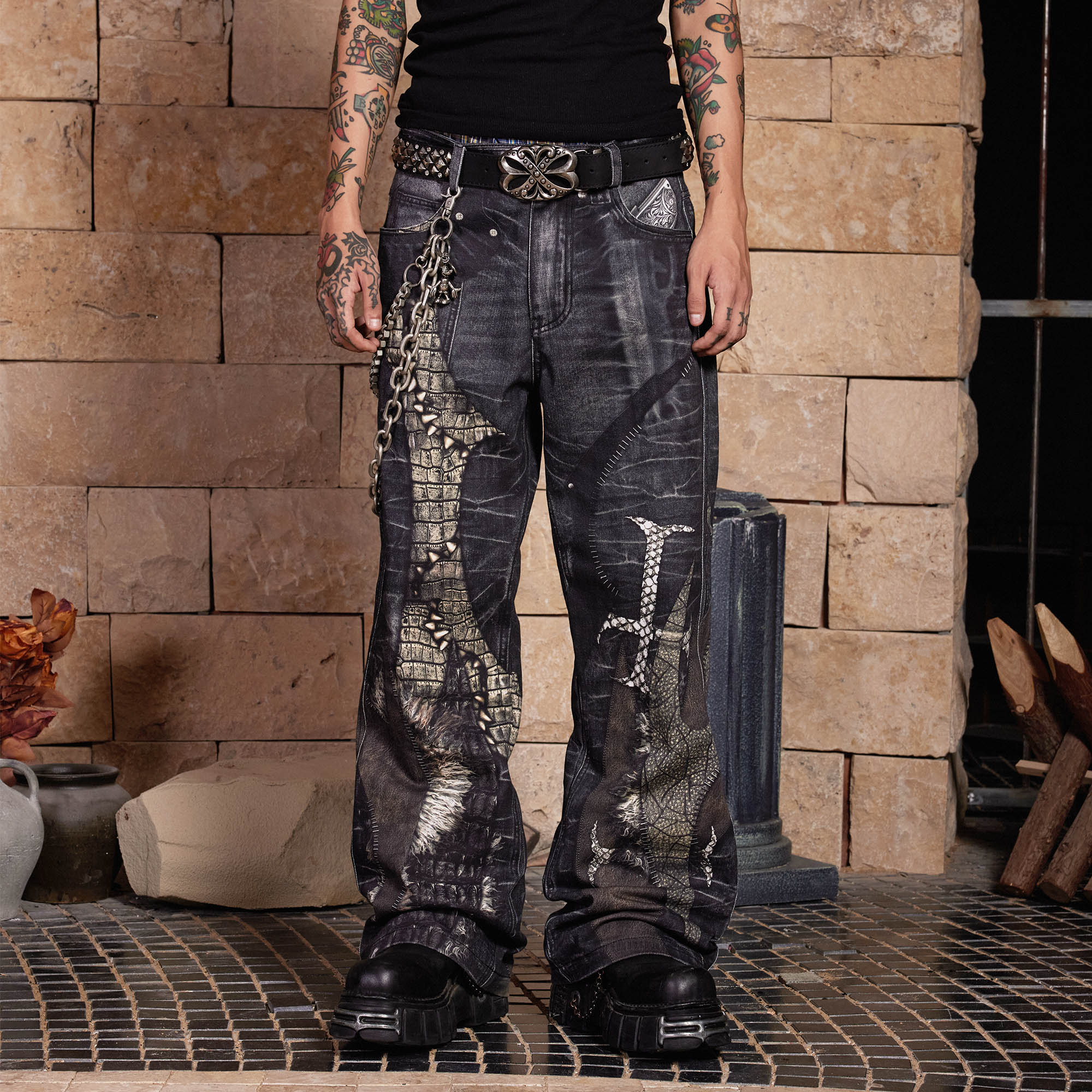 DND4DES Cross Crocodile Spliced Flared Jeans