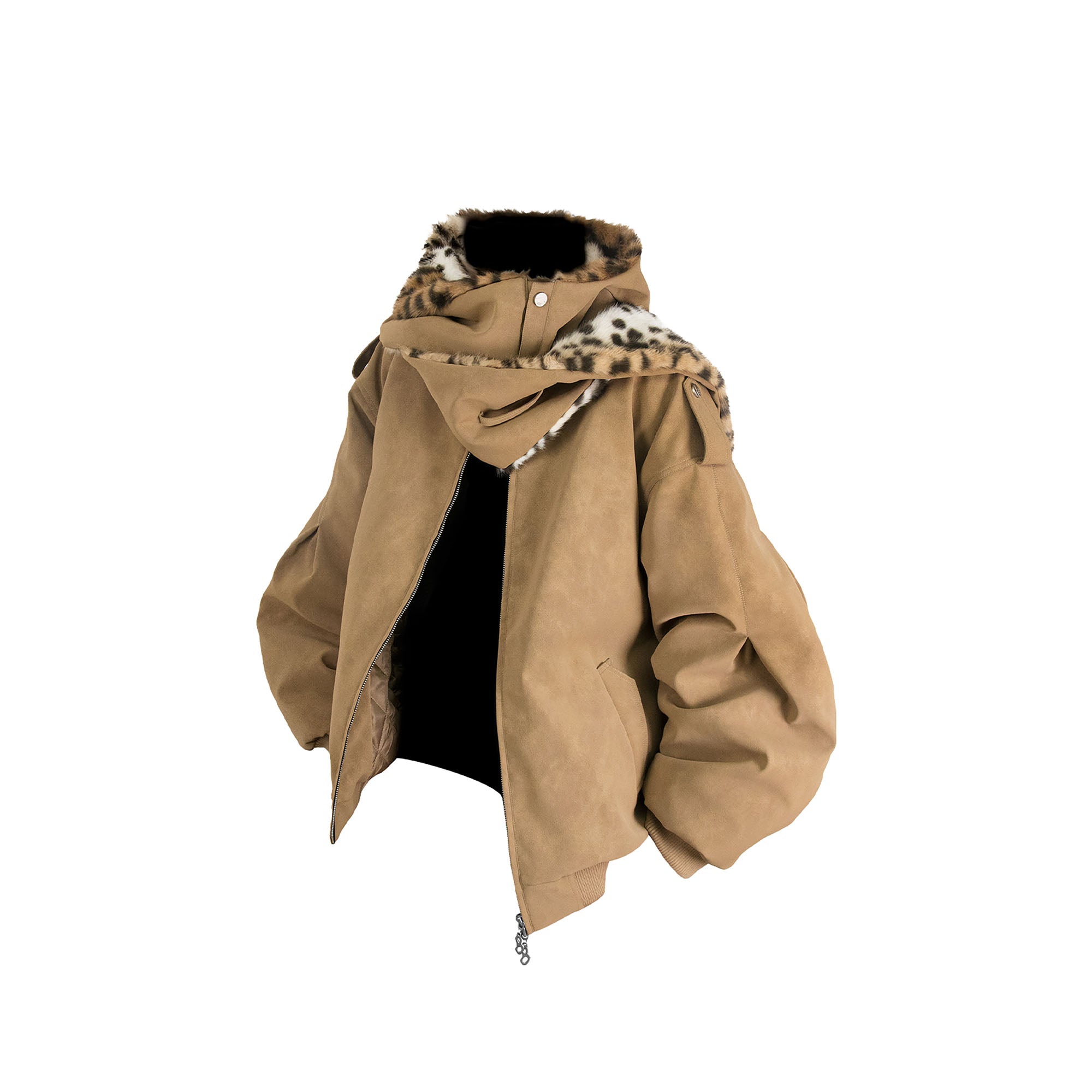 RELABEL Detachable Plush Scarf Hooded Suede Jacket Brown, premium urban and streetwear designers apparel on PROJECTISR.com, RELABEL