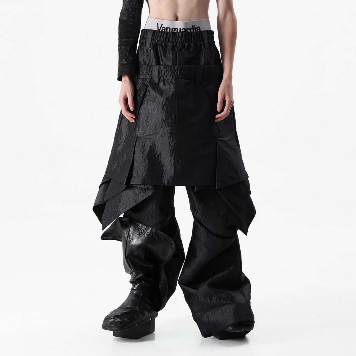 VANGUARDIA Liquid Metal Layered-Waist Skirt Pants