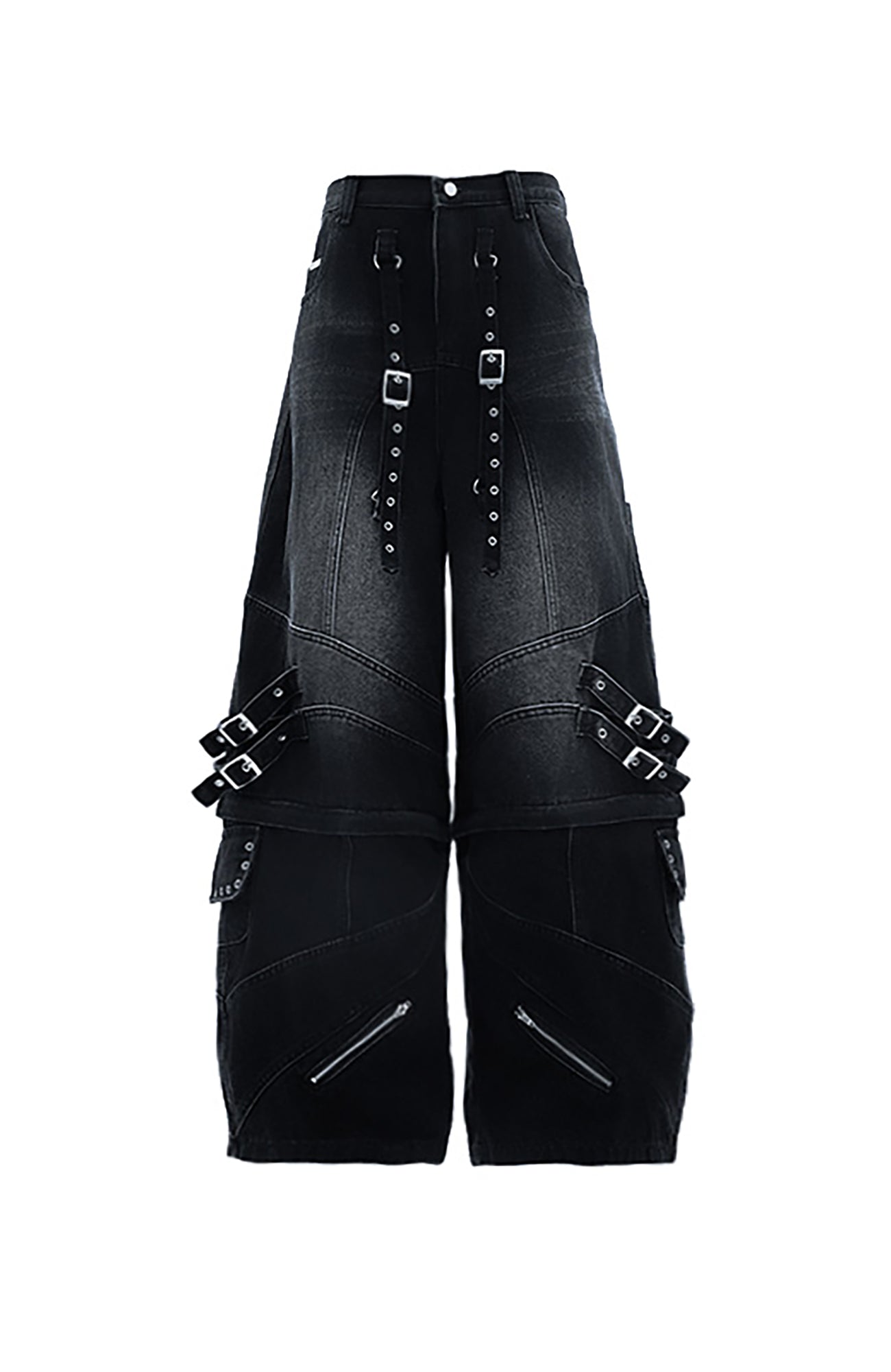 MOGONGSHE Detachable Drape-Strap Washed Jeans