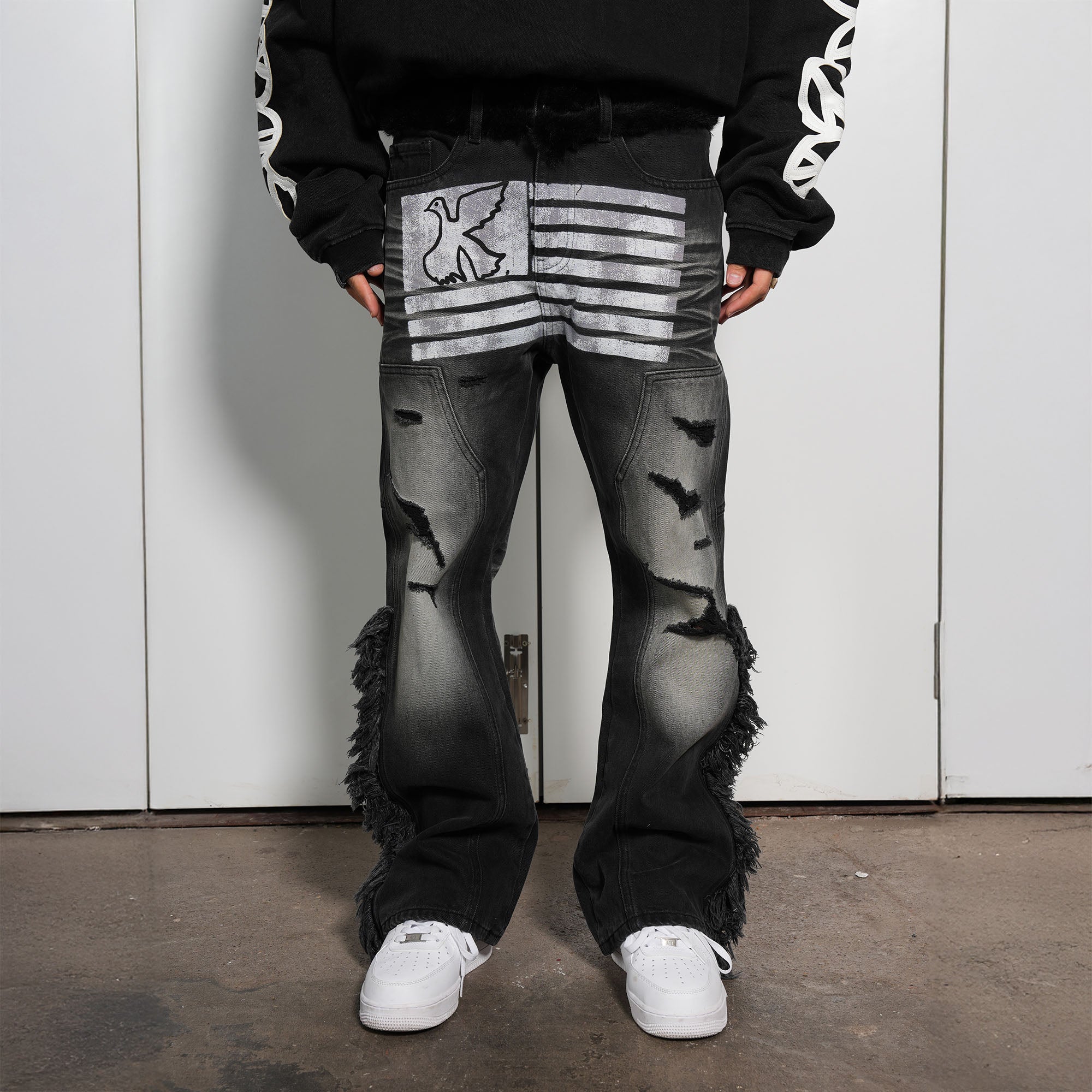 VINKID Peace Dove Flag Double-Knee Frayed Jeans
