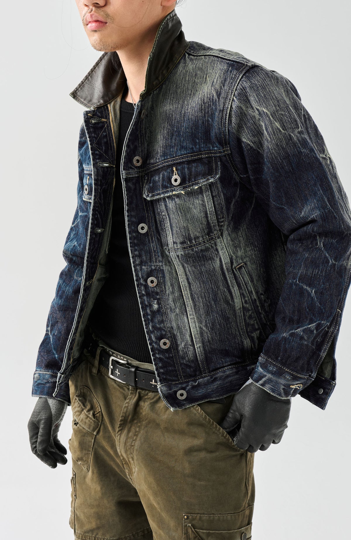 NEIGBORL Washed Faux Leather Collar Denim Jacket