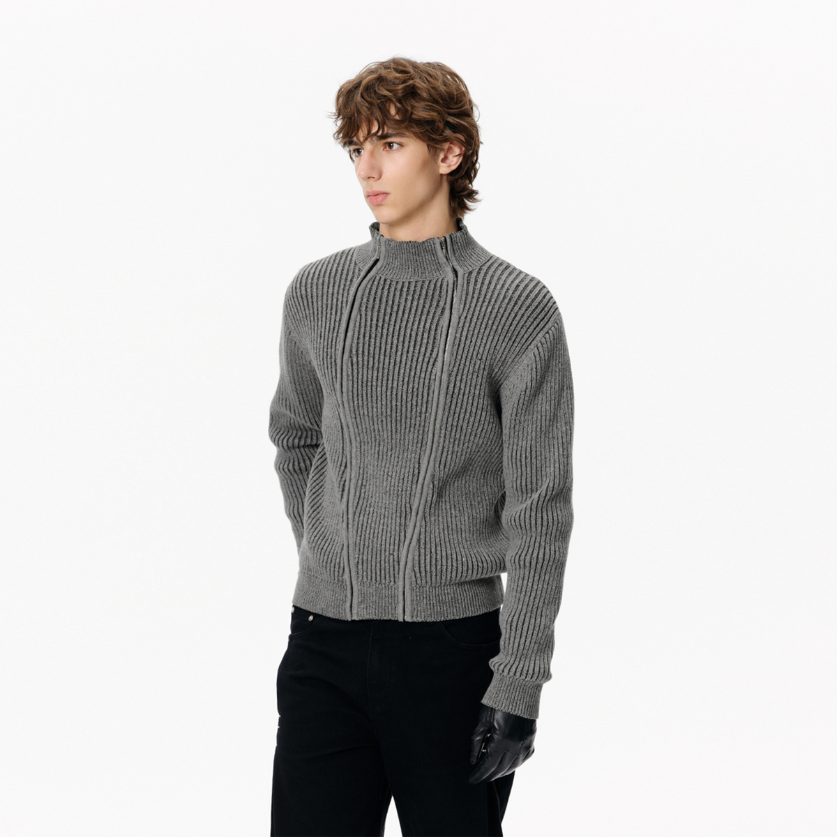 KREATE Double-Zip Ribbed Knit Stand-Collar Cardigan