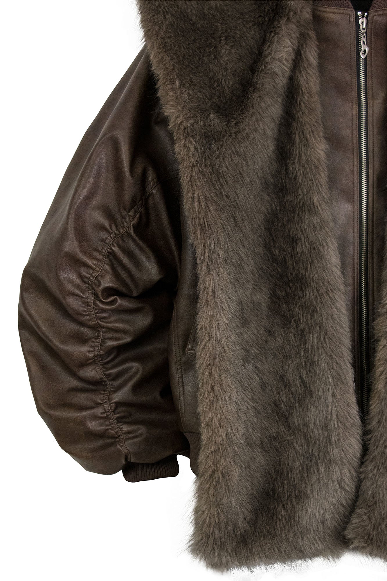 RELABEL Detachable Plush Scarf Ruched Hooded Jacket Brown, premium urban and streetwear designers apparel on PROJECTISR.com, RELABEL