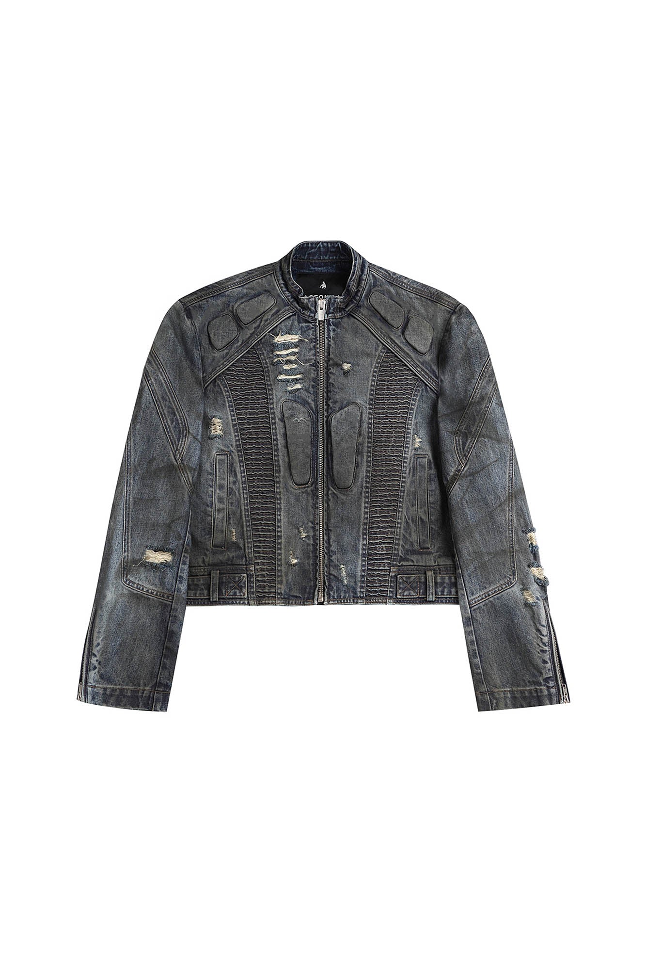 FACEONLAB Distressed Tie-Dye Ripped Biker Denim Jacket Black