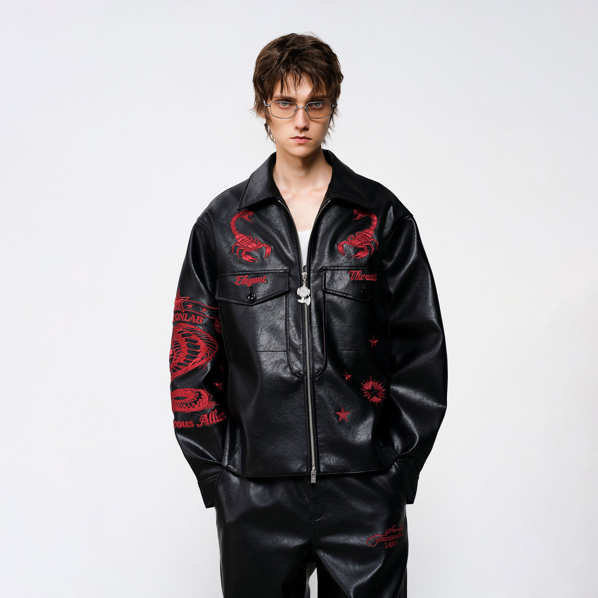 FACEONLAB Embroidered Faux Leather Jacket