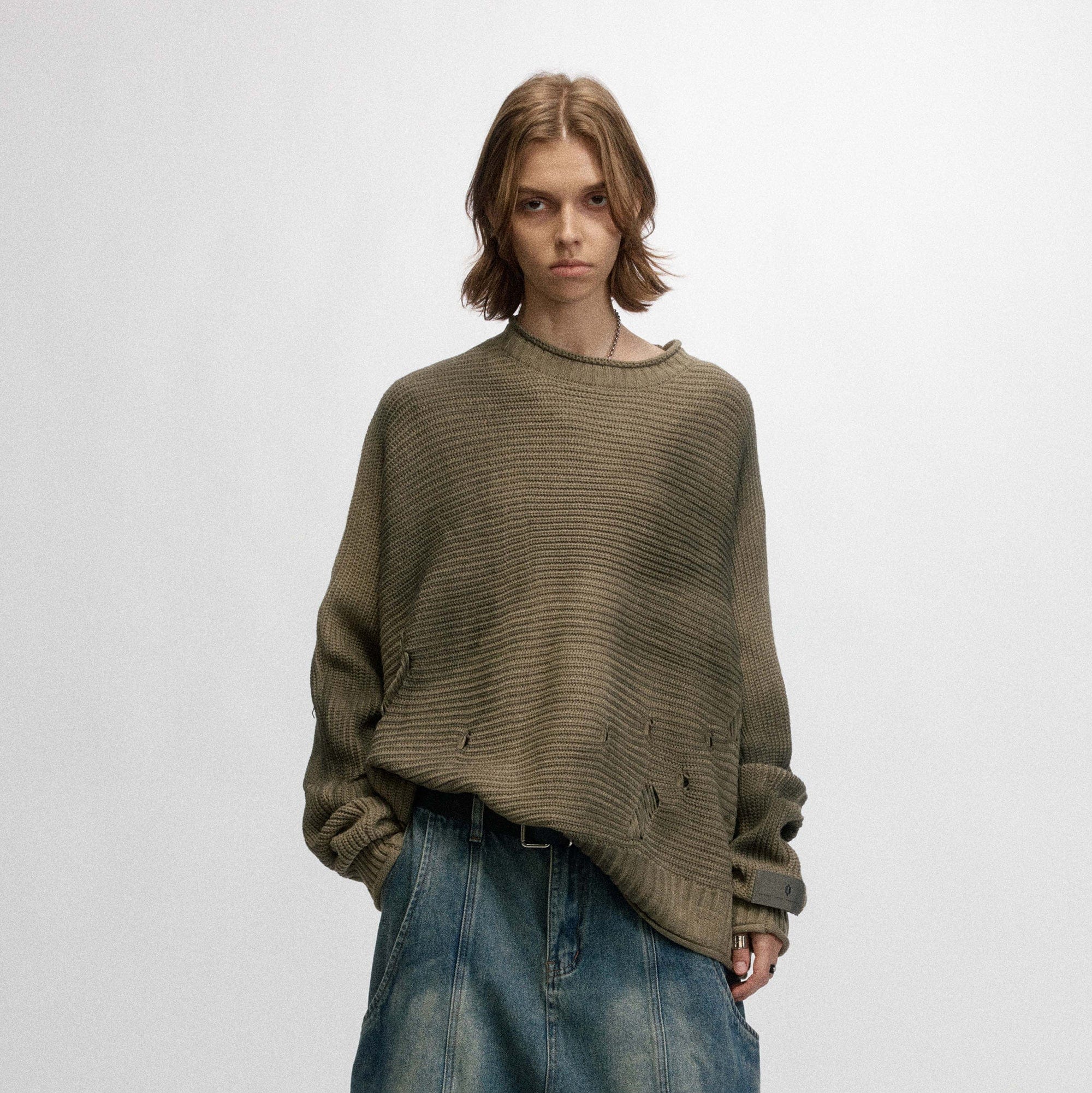 OVDY Faded Ripped Raw Edge Sweater