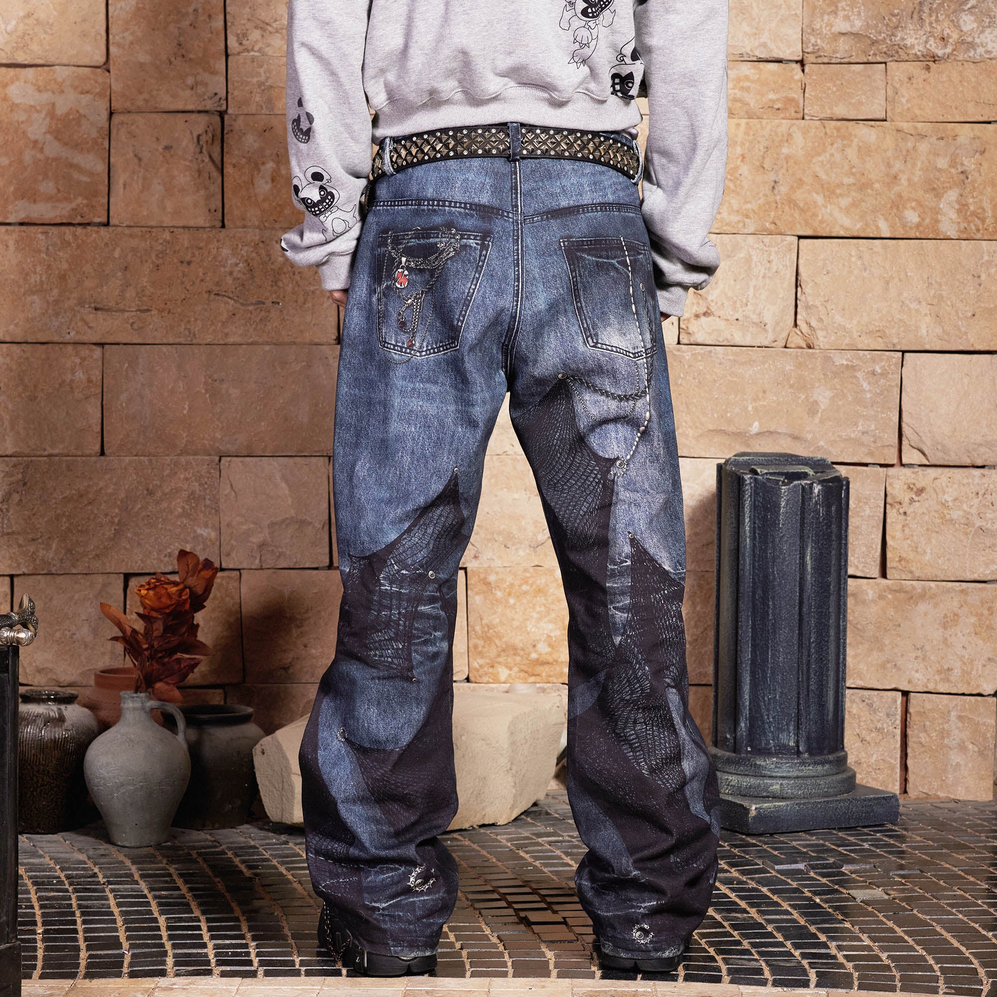 DND4DES Chain Lace Patchwork Flared Jeans, premium urban and streetwear designers apparel on PROJECTISR.com, DND4DES