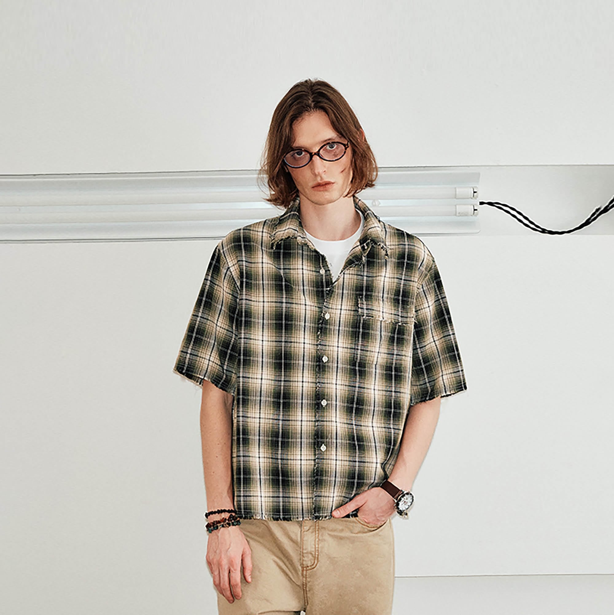 KREATE Frayed Tie-Dye Plaid Half Shirt