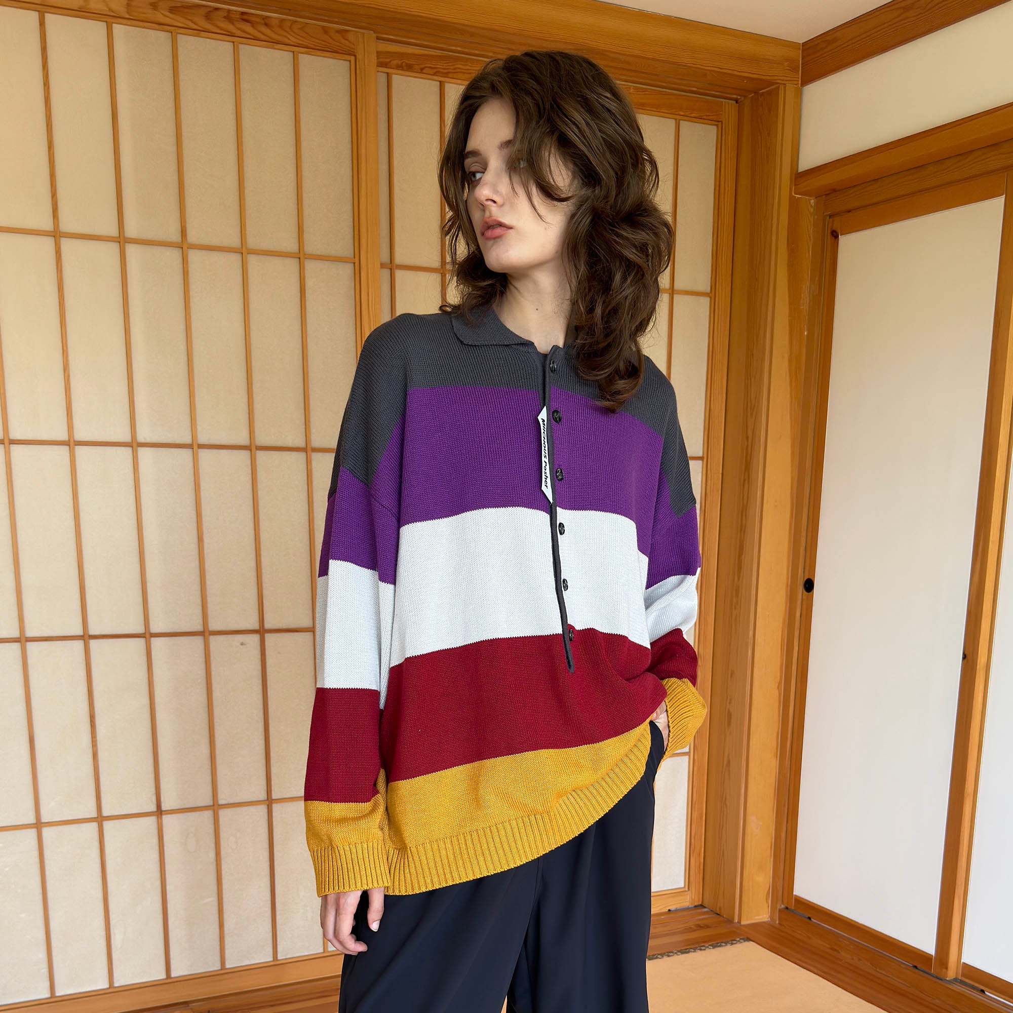 MIICHOUS Nature Magazine Wide-Stripe Polo Sweater