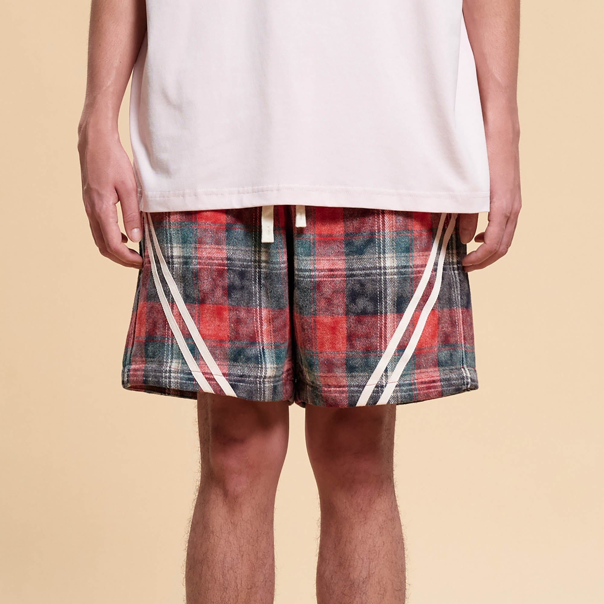 BONELESS Plaid Distressed Drawstring Shorts, premium urban and streetwear designers apparel on PROJECTISR.com, BONELESS