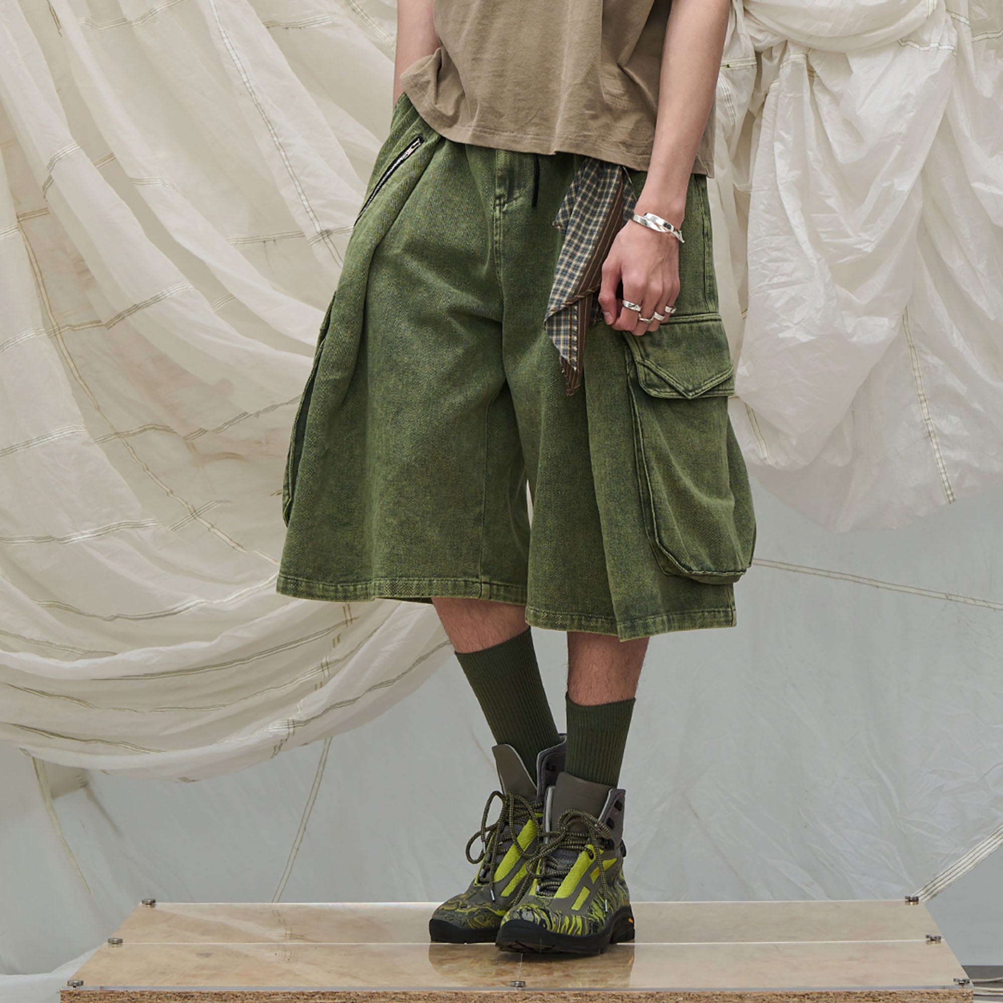 RELABEL Detachable Scarf Washed Multi-Pocket Wide-Leg Shorts Green, premium urban and streetwear designers apparel on PROJECTISR.com, RELABEL