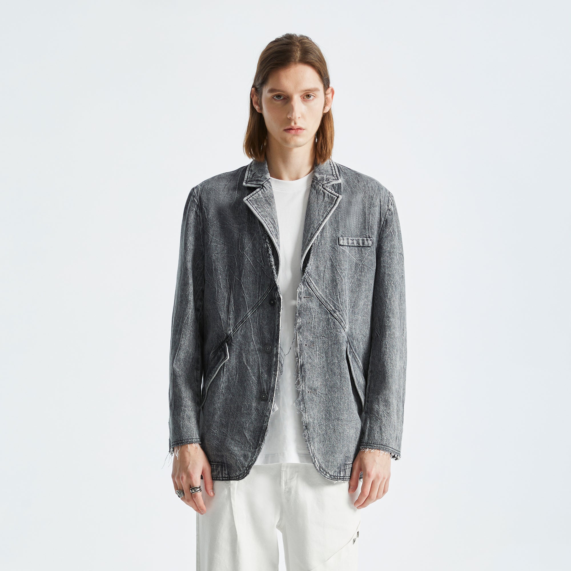 ORGANIC EMOTION Deconstructed Washed Detachable Collar Denim Blazer