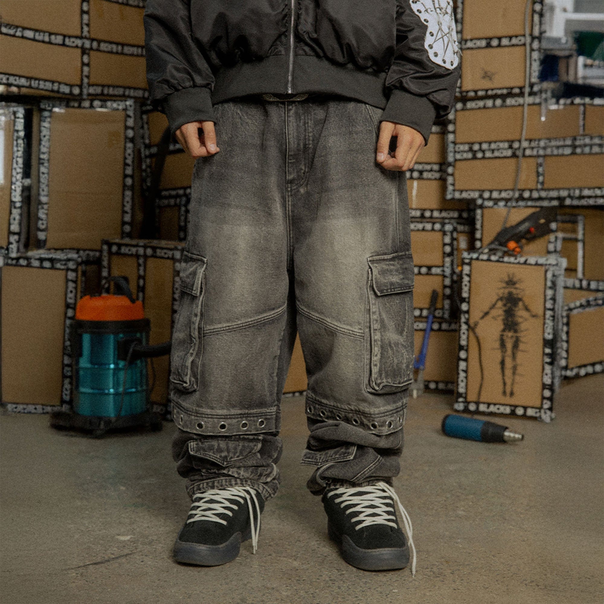 BLACK8MOB Washed Multi-Pocket Grommet Stacked Cargo Jeans, premium urban and streetwear designers apparel on PROJECTISR.com, BLACK8MOB